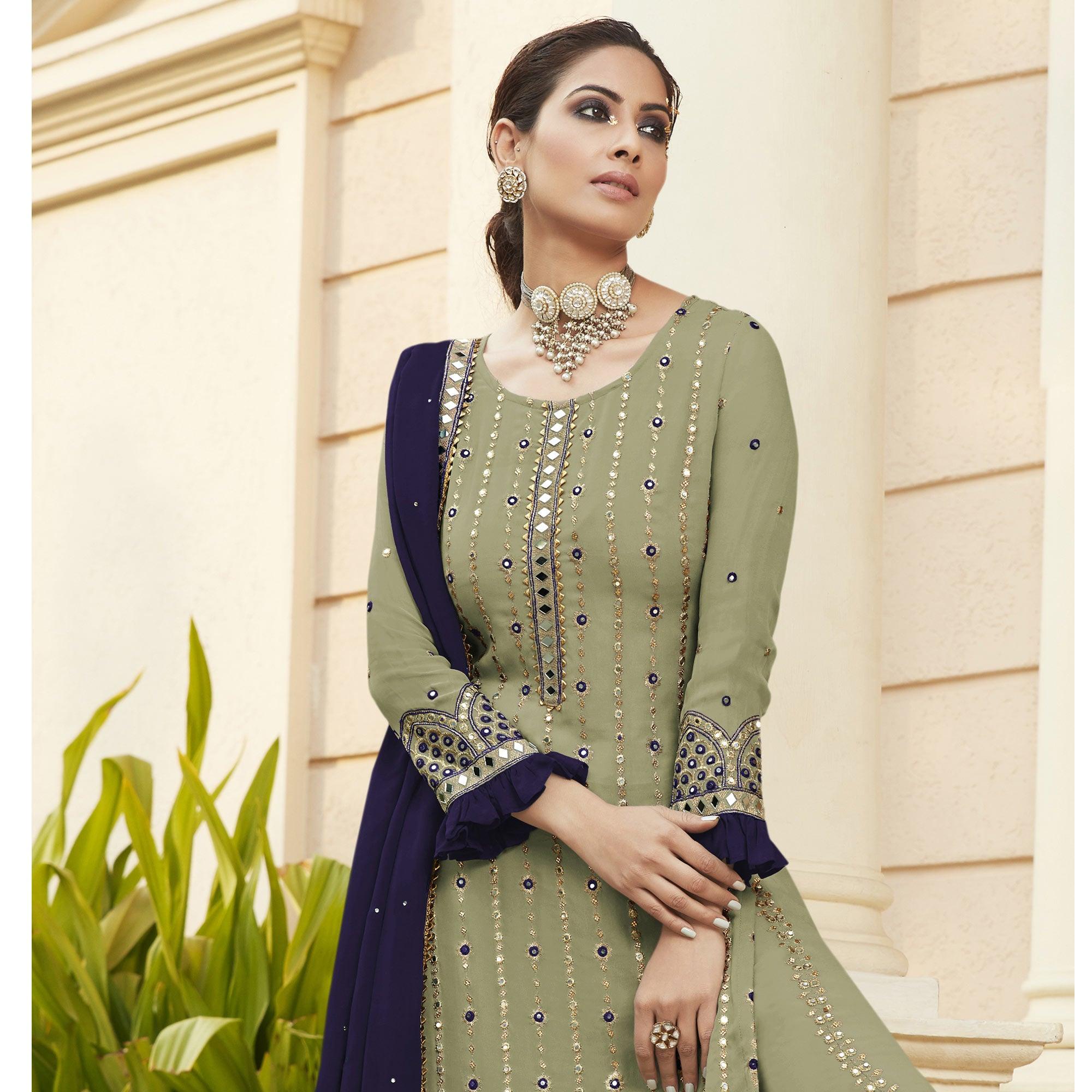 Swamp Green Party Wear Embroidered with Original Mirror Heavy Foux Georgette Salwar Suit - Peachmode