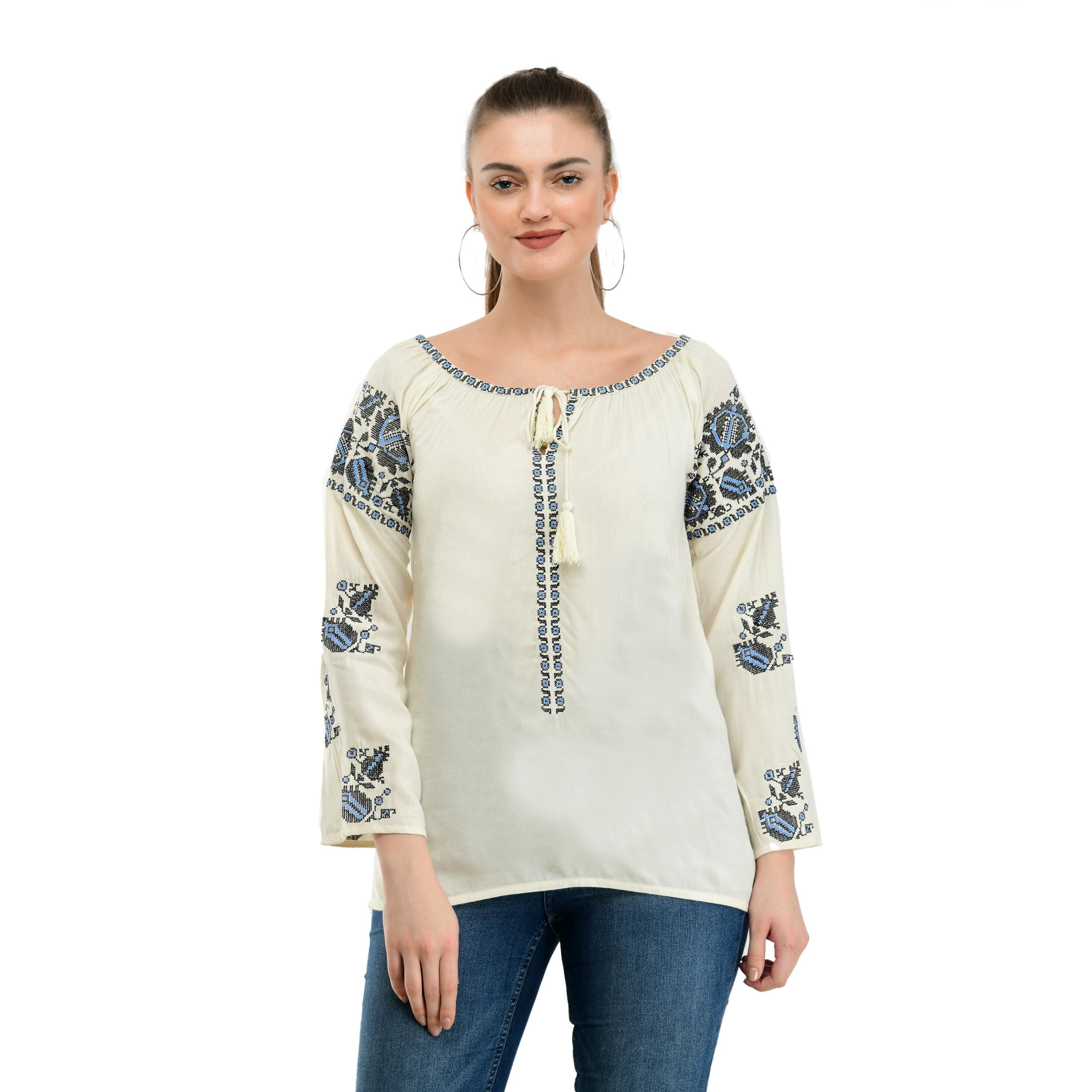 Taaraa - Cream Colored Casual Embroidered Rayon Top - Peachmode
