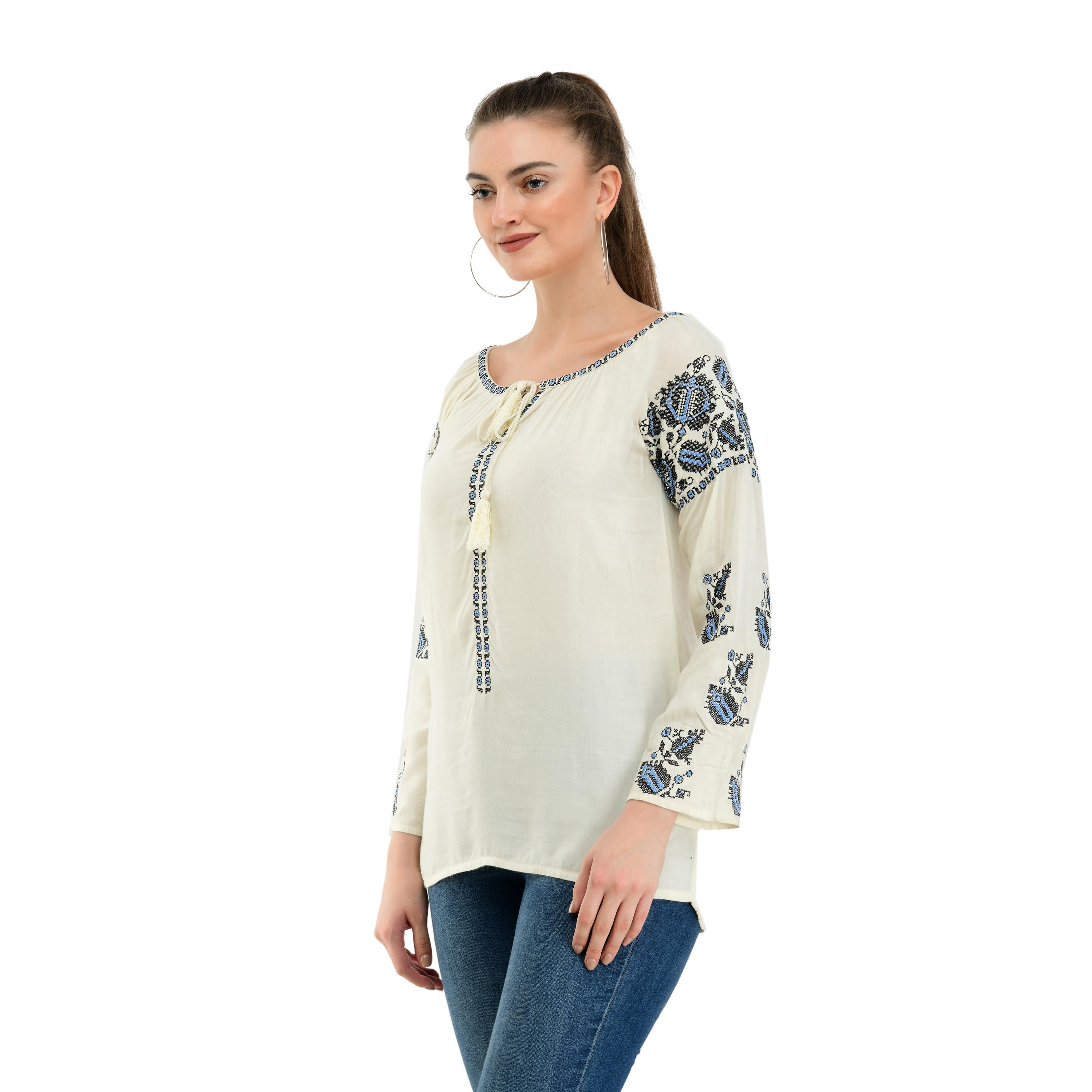 Taaraa - Cream Colored Casual Embroidered Rayon Top - Peachmode