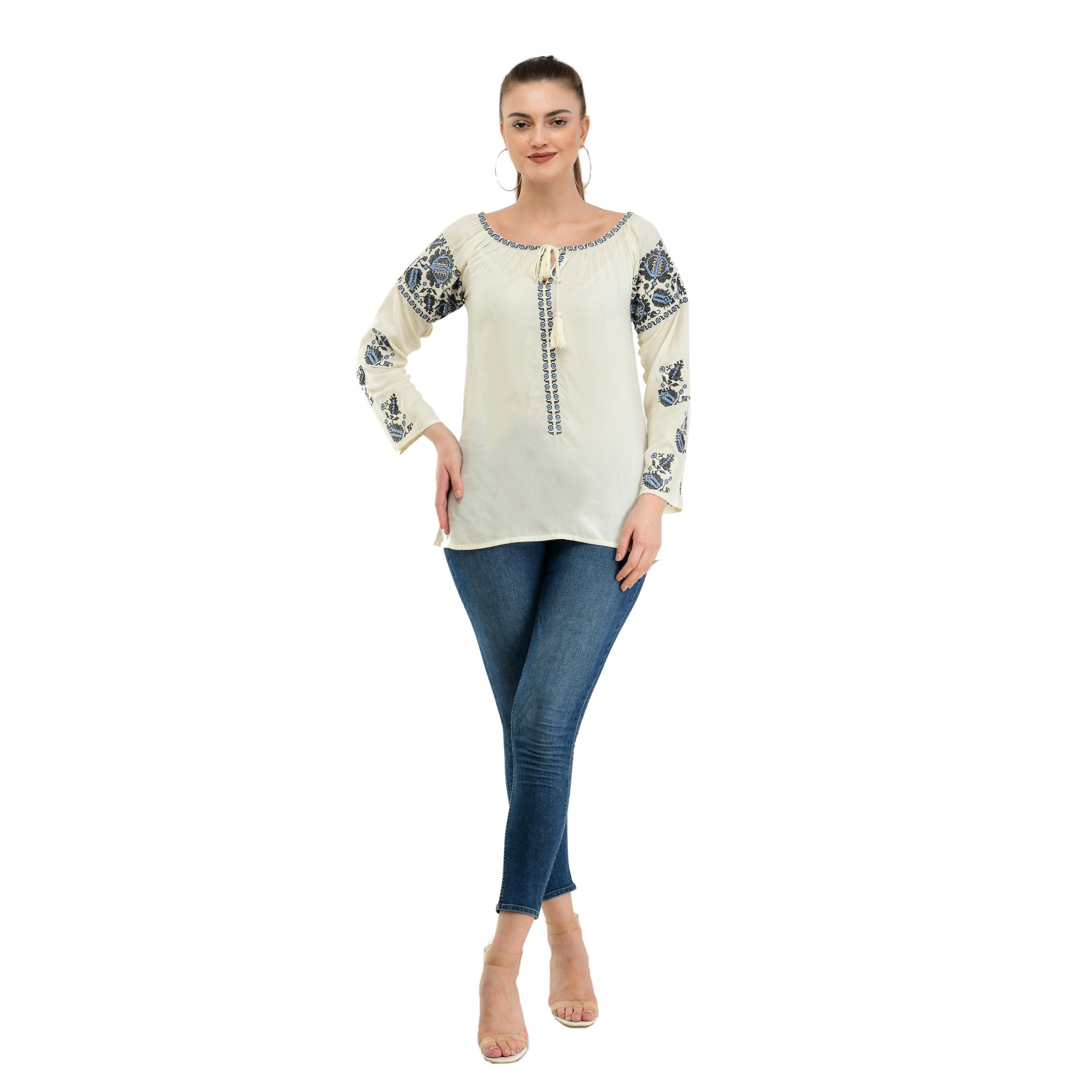 Taaraa - Cream Colored Casual Embroidered Rayon Top - Peachmode