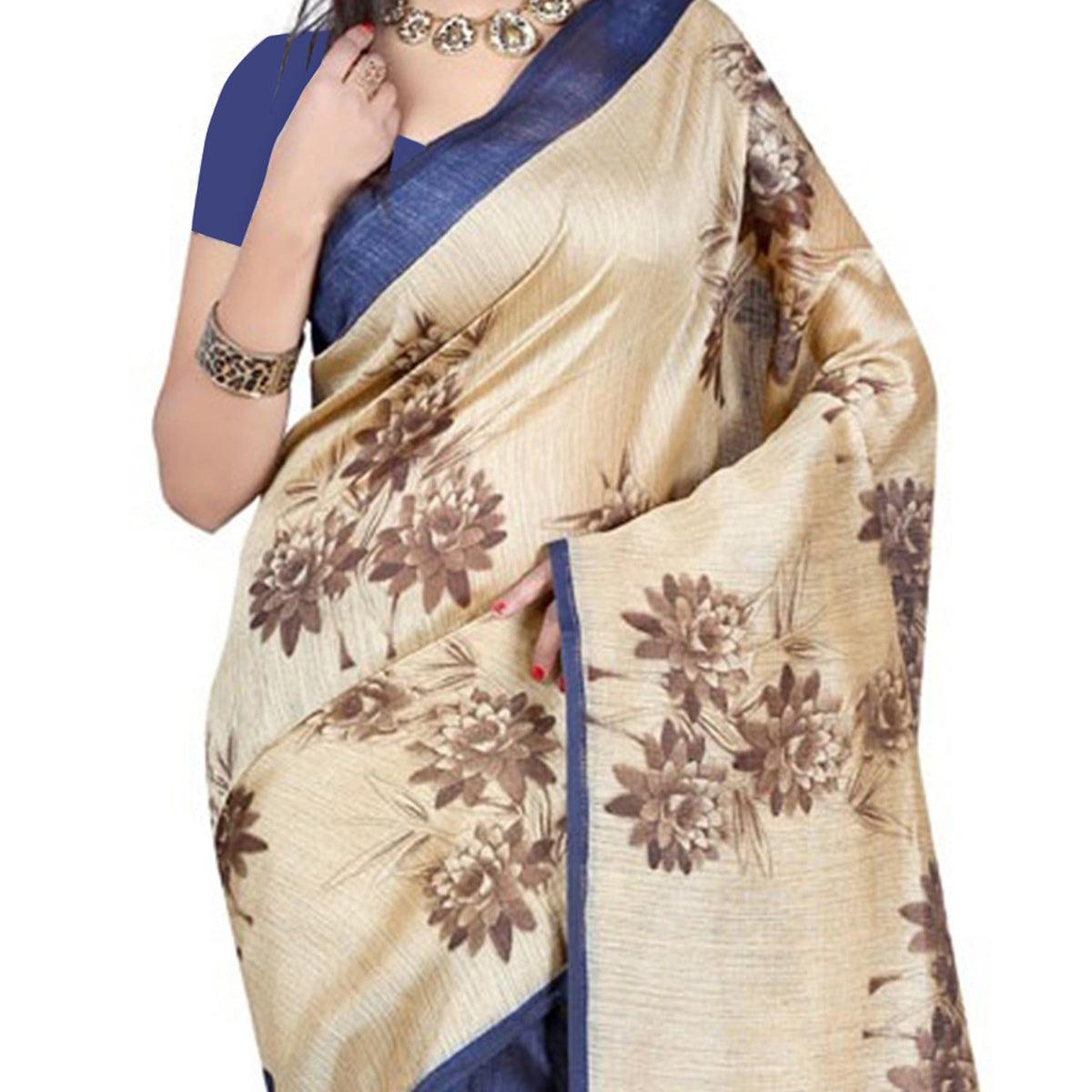 Tan - Blue Bhagalpuri Saree - Peachmode