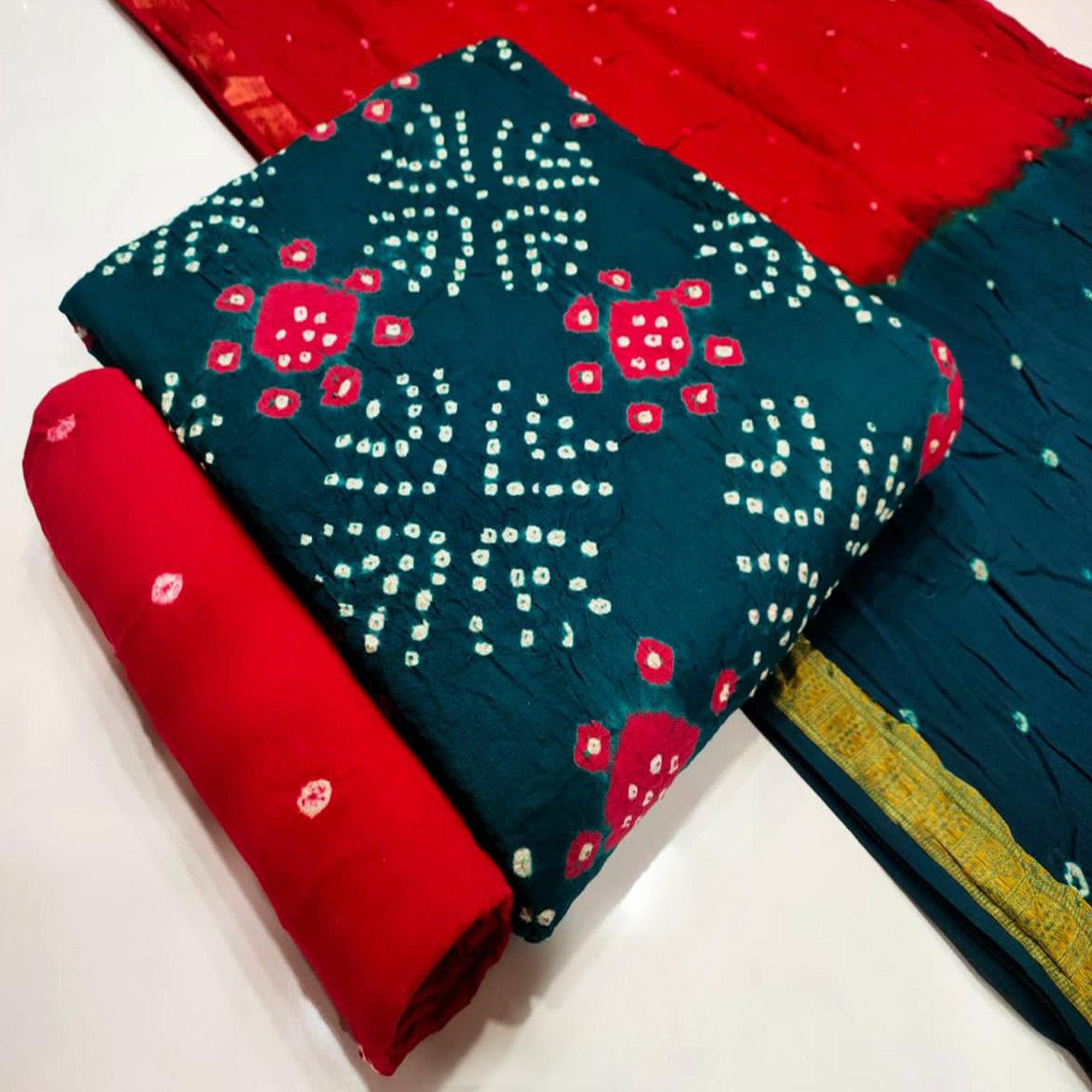 Teal Blue Bandhani Printed Pure Cotton Dress Material - Peachmode