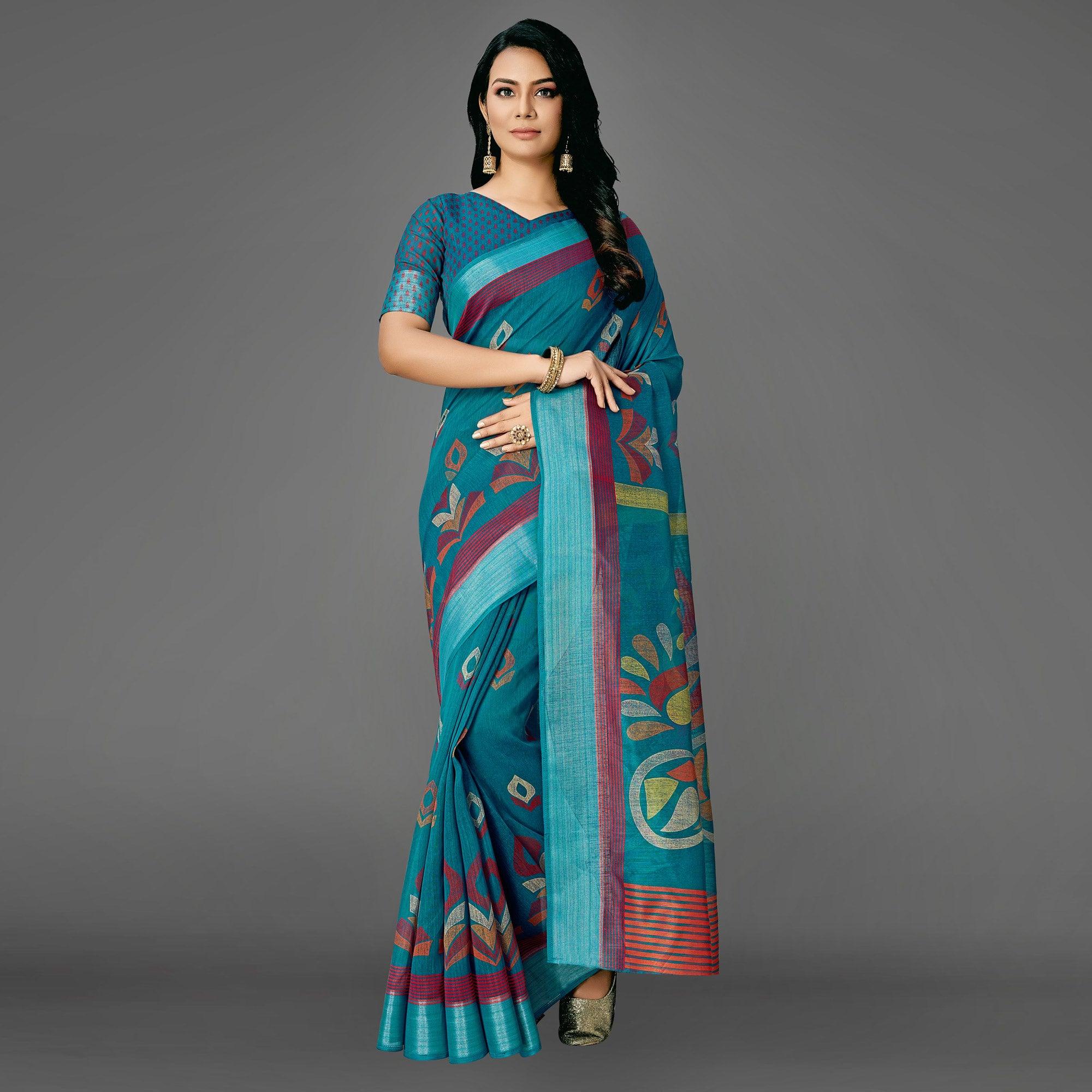 Teal Blue Casual Cotton Printed Saree With Unstitched Blouse - Peachmode