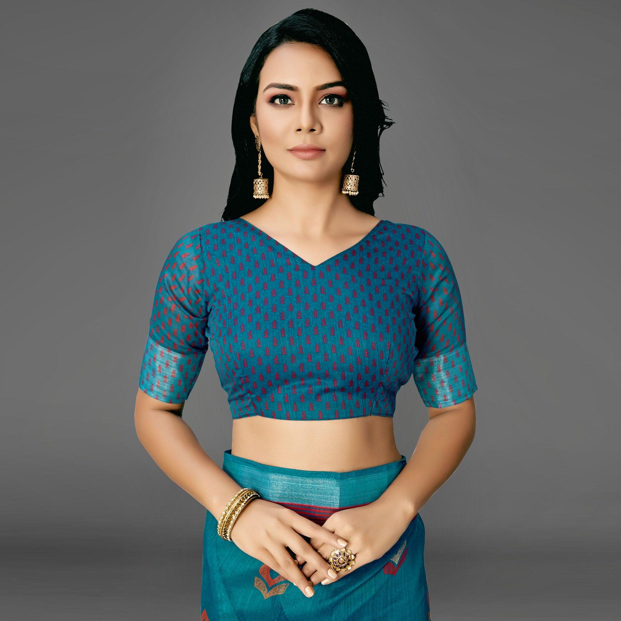 Teal Blue Casual Cotton Printed Saree With Unstitched Blouse - Peachmode
