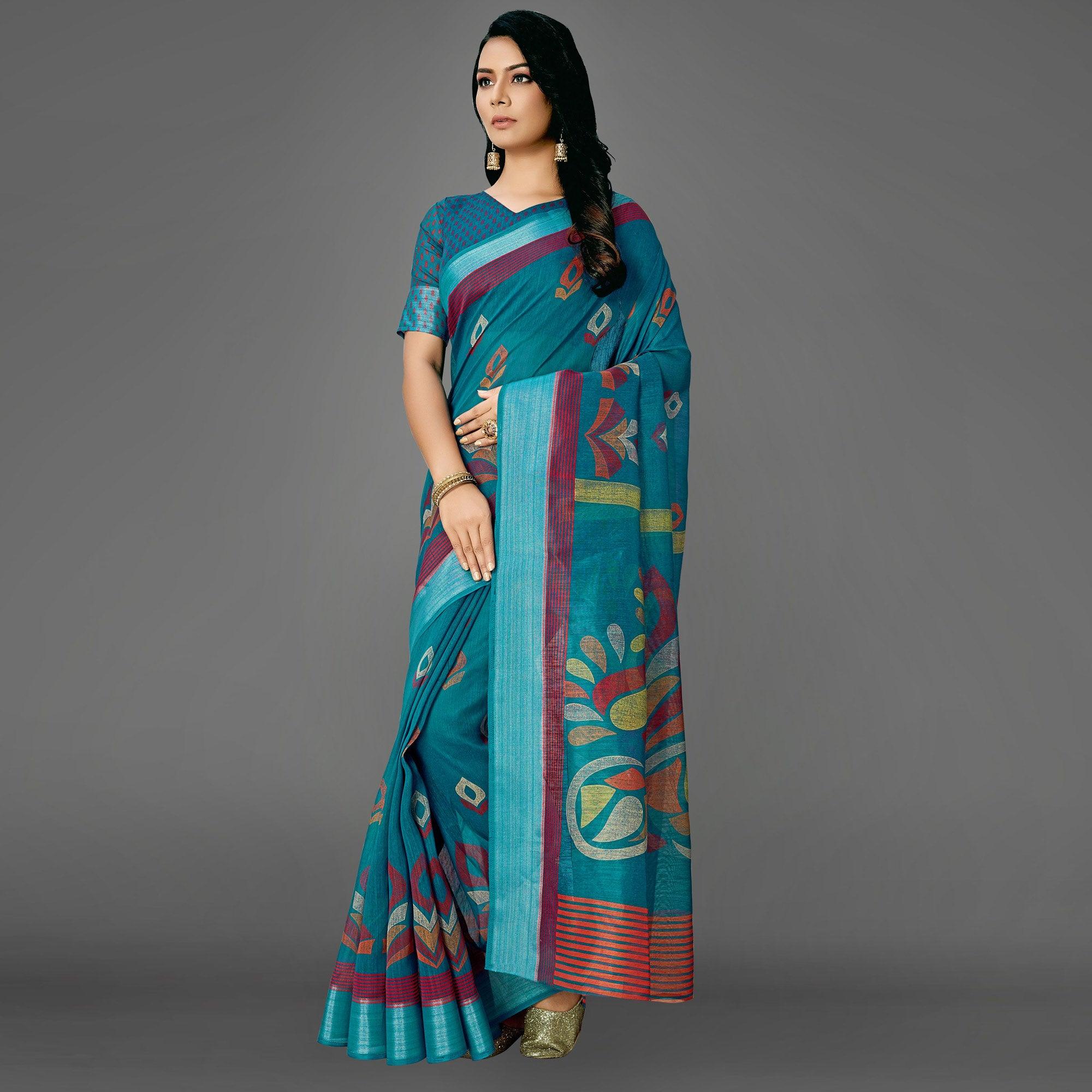 Teal Blue Casual Cotton Printed Saree With Unstitched Blouse - Peachmode
