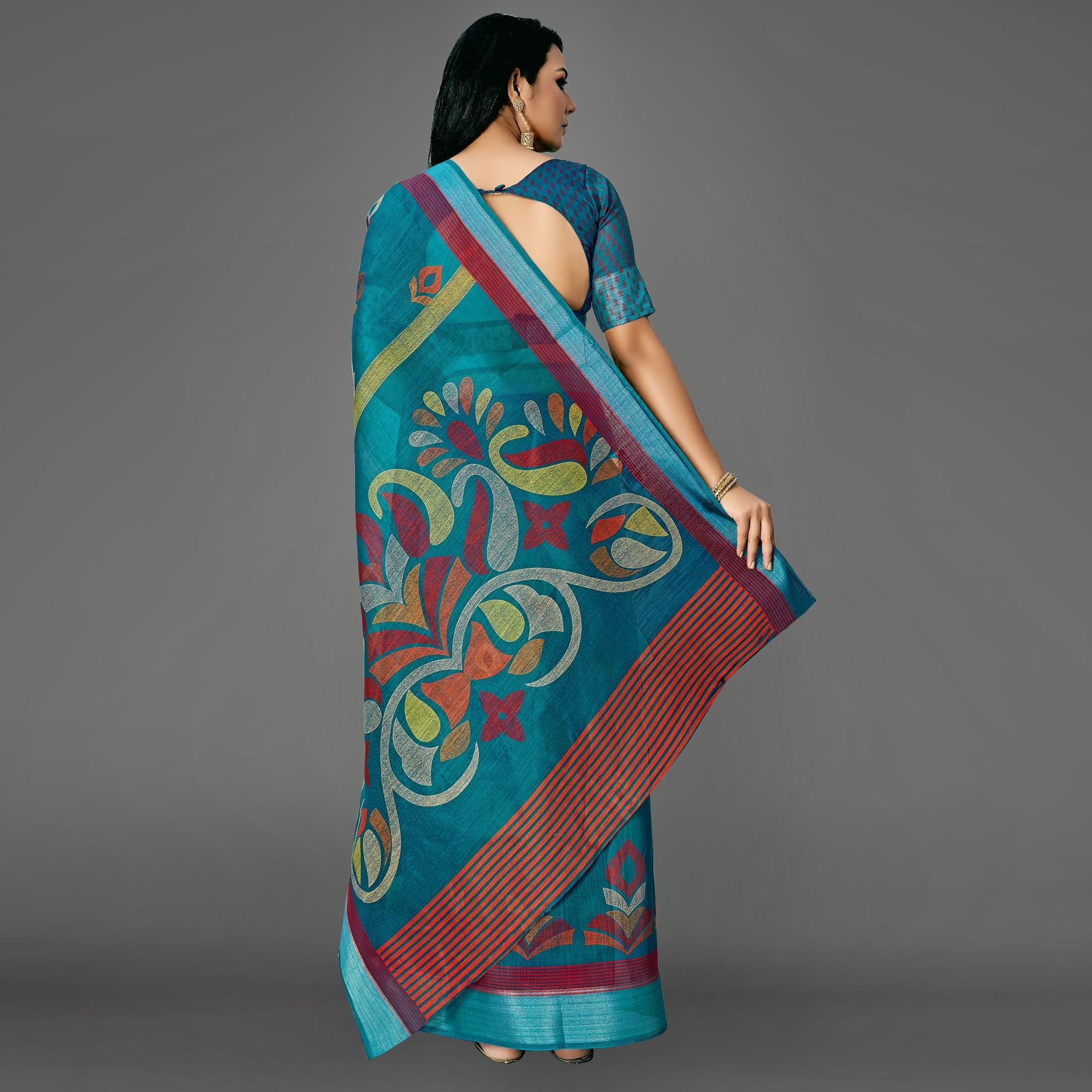 Teal Blue Casual Cotton Printed Saree With Unstitched Blouse - Peachmode