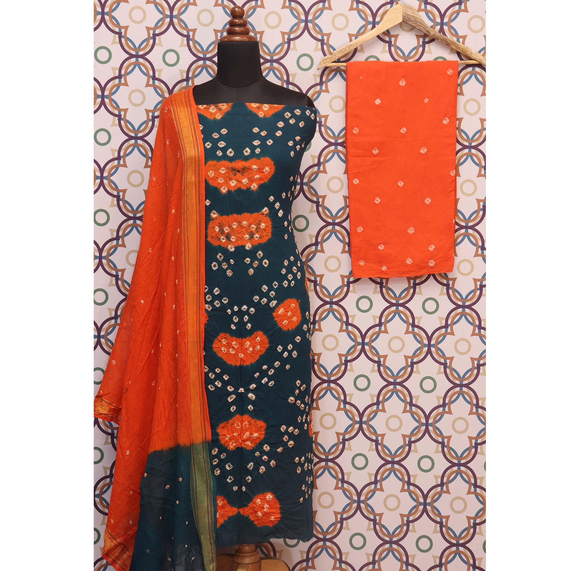 Teal Blue Casual Wear Bandhej And Woven Pure Cotton Dress Material - Peachmode