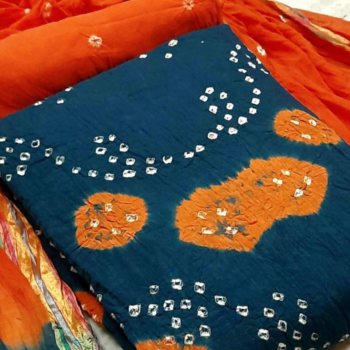Teal Blue Casual Wear Bandhej And Woven Pure Cotton Dress Material - Peachmode