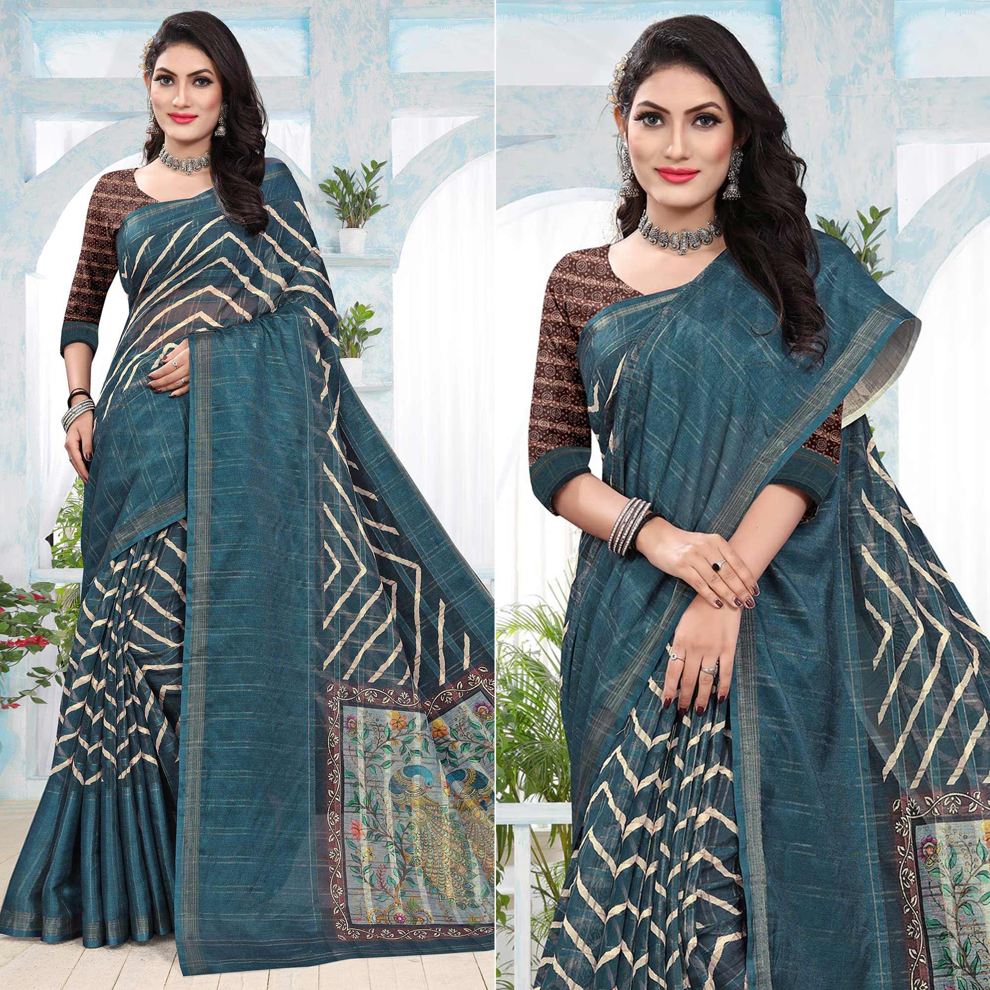 Teal Blue Casual Wear Digital Printed Cotton Silk Saree - Peachmode