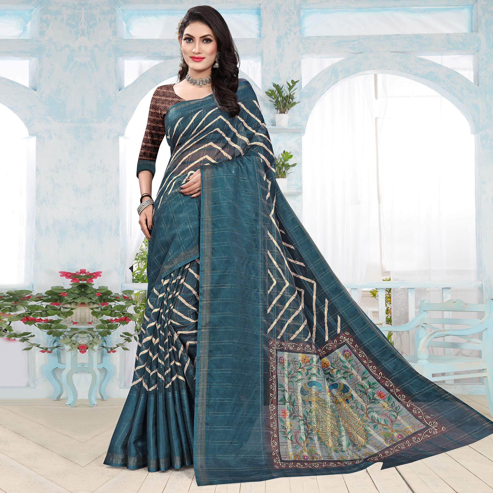 Teal Blue Casual Wear Digital Printed Cotton Silk Saree - Peachmode