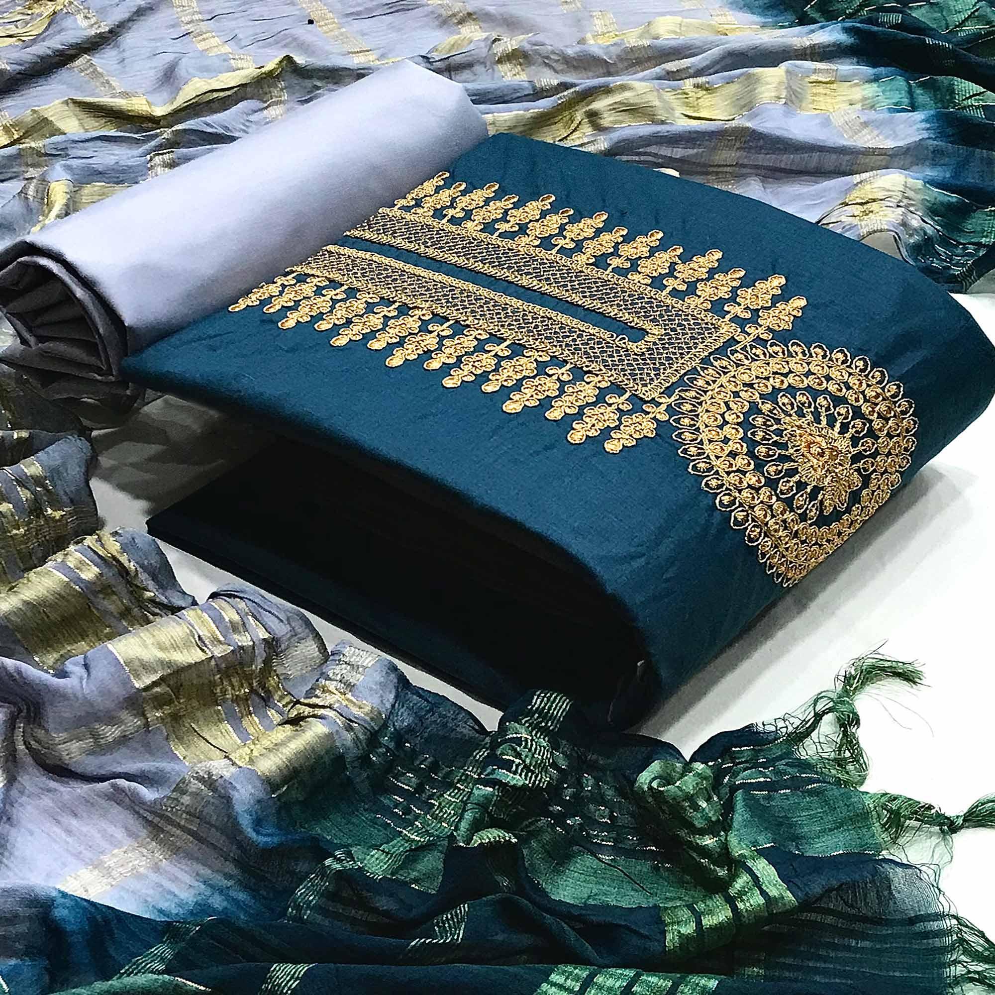 Teal Blue Casual Wear Embroidered Cotton Dress Material - Peachmode