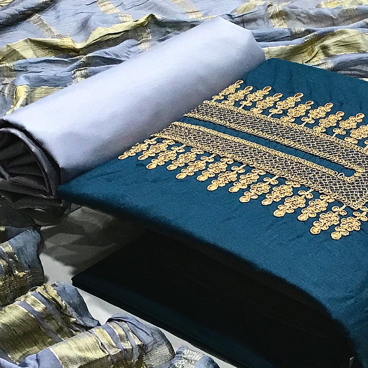 Teal Blue Casual Wear Embroidered Cotton Dress Material - Peachmode