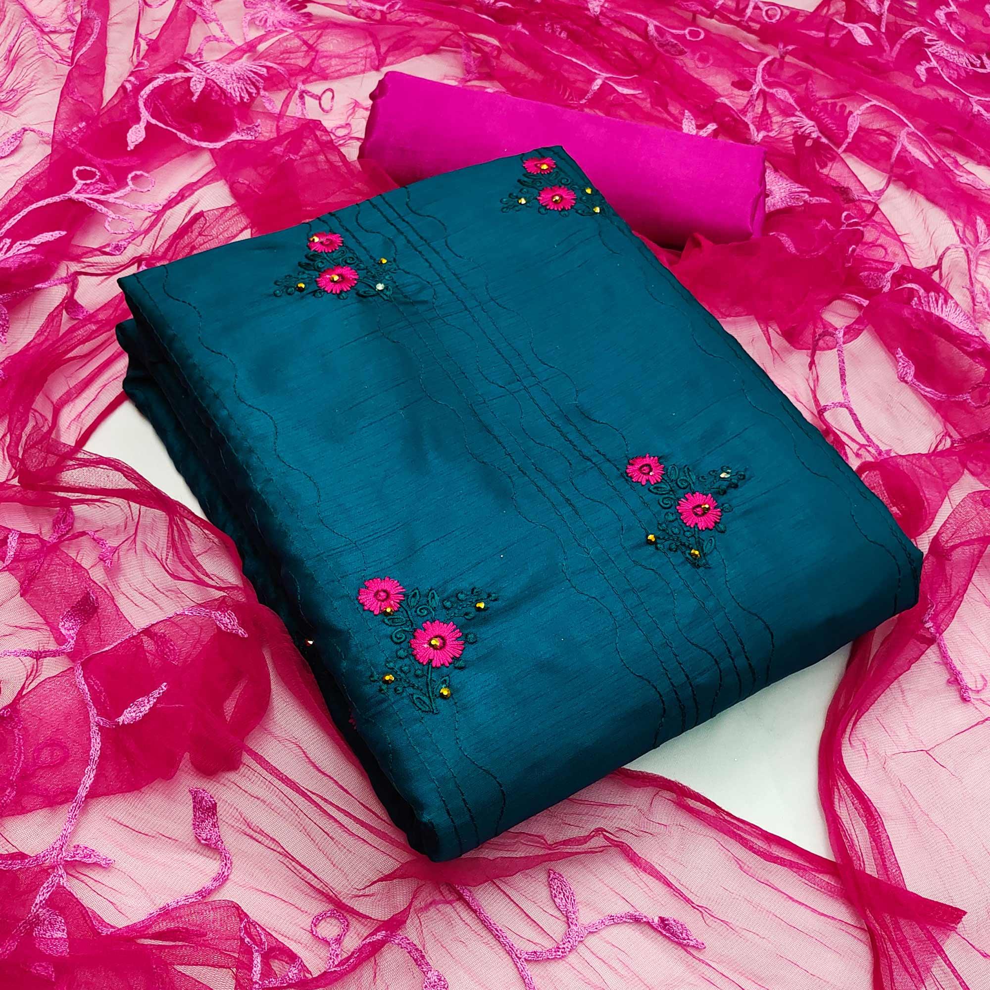 Teal Blue Casual Wear Embroidered Silk Dress Material - Peachmode