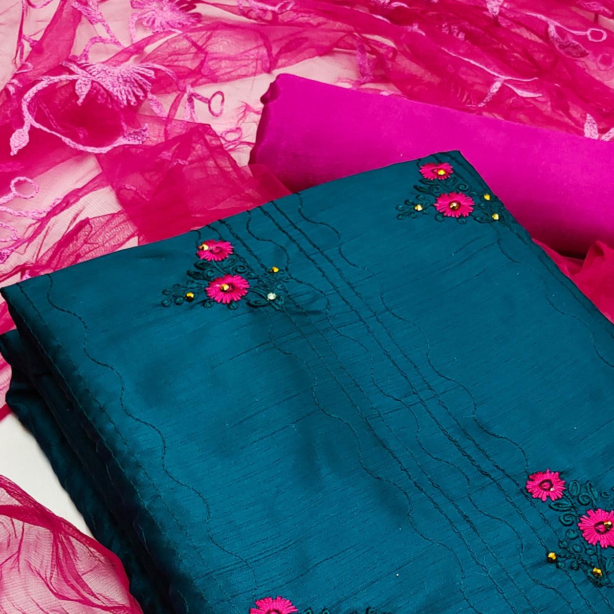 Teal Blue Casual Wear Embroidered Silk Dress Material - Peachmode