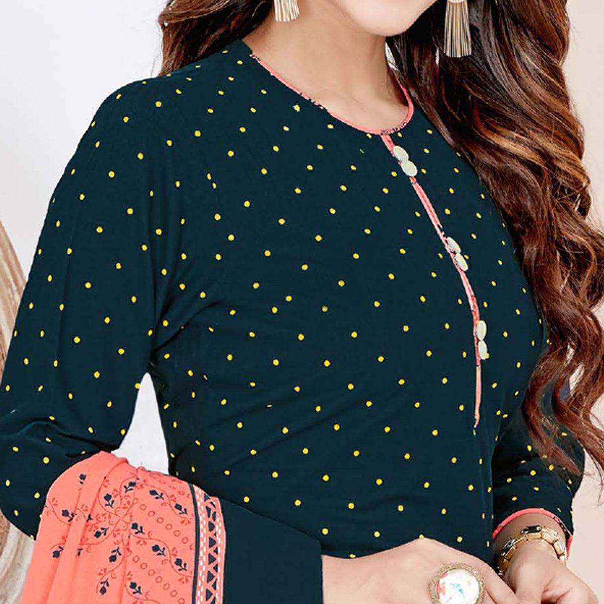 Teal Blue Casual Wear Printed Cotton Patiala Dress Material - Peachmode