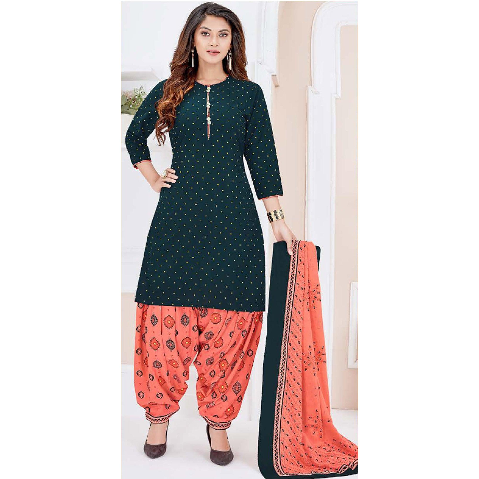 Teal Blue Casual Wear Printed Cotton Patiala Dress Material - Peachmode