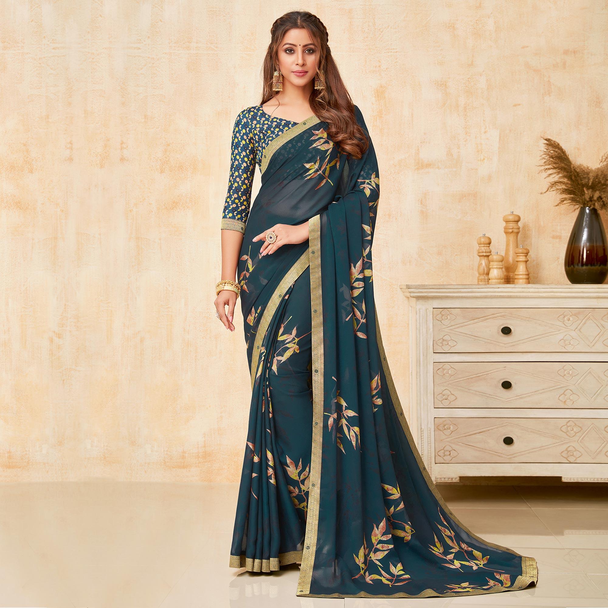 Teal Blue Casual Wear Printed Silk Georgette Saree - Peachmode