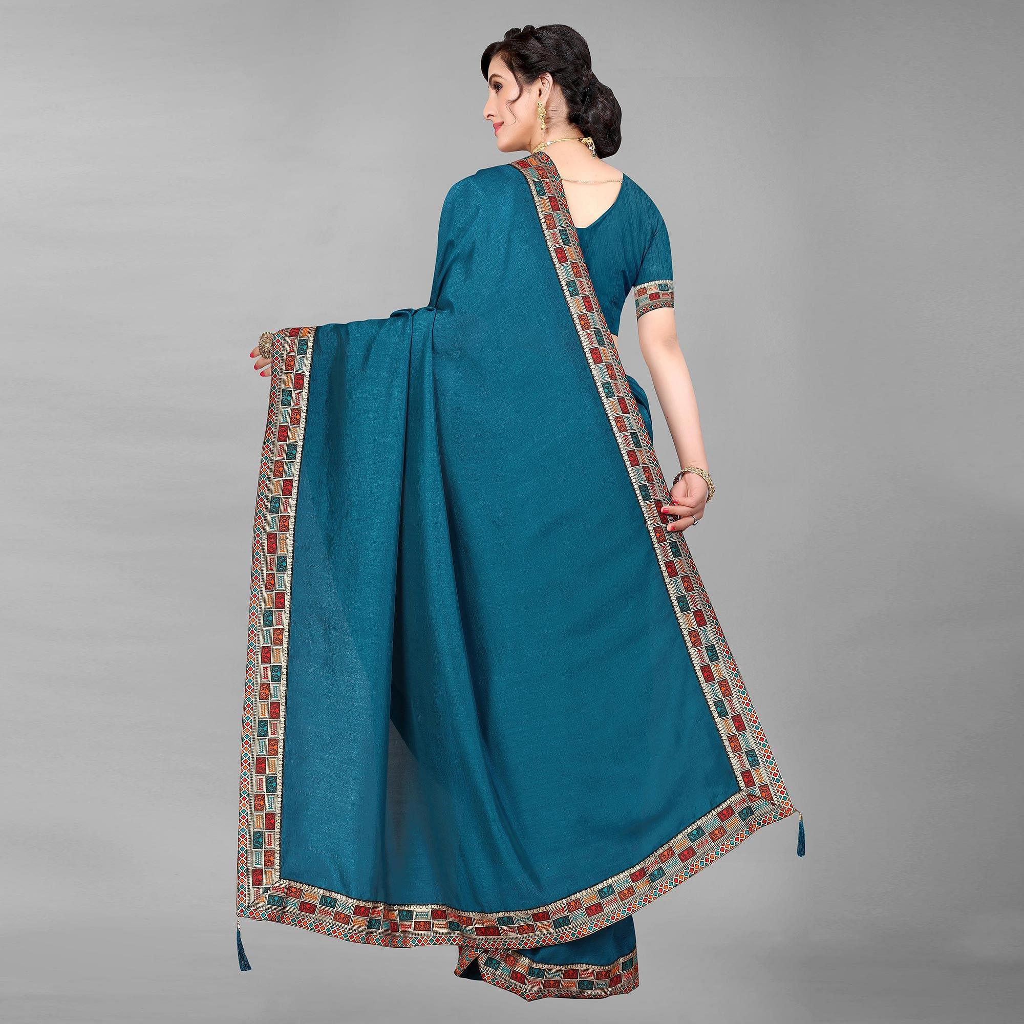 Teal Blue Casual Wear Solid Silk Saree - Peachmode
