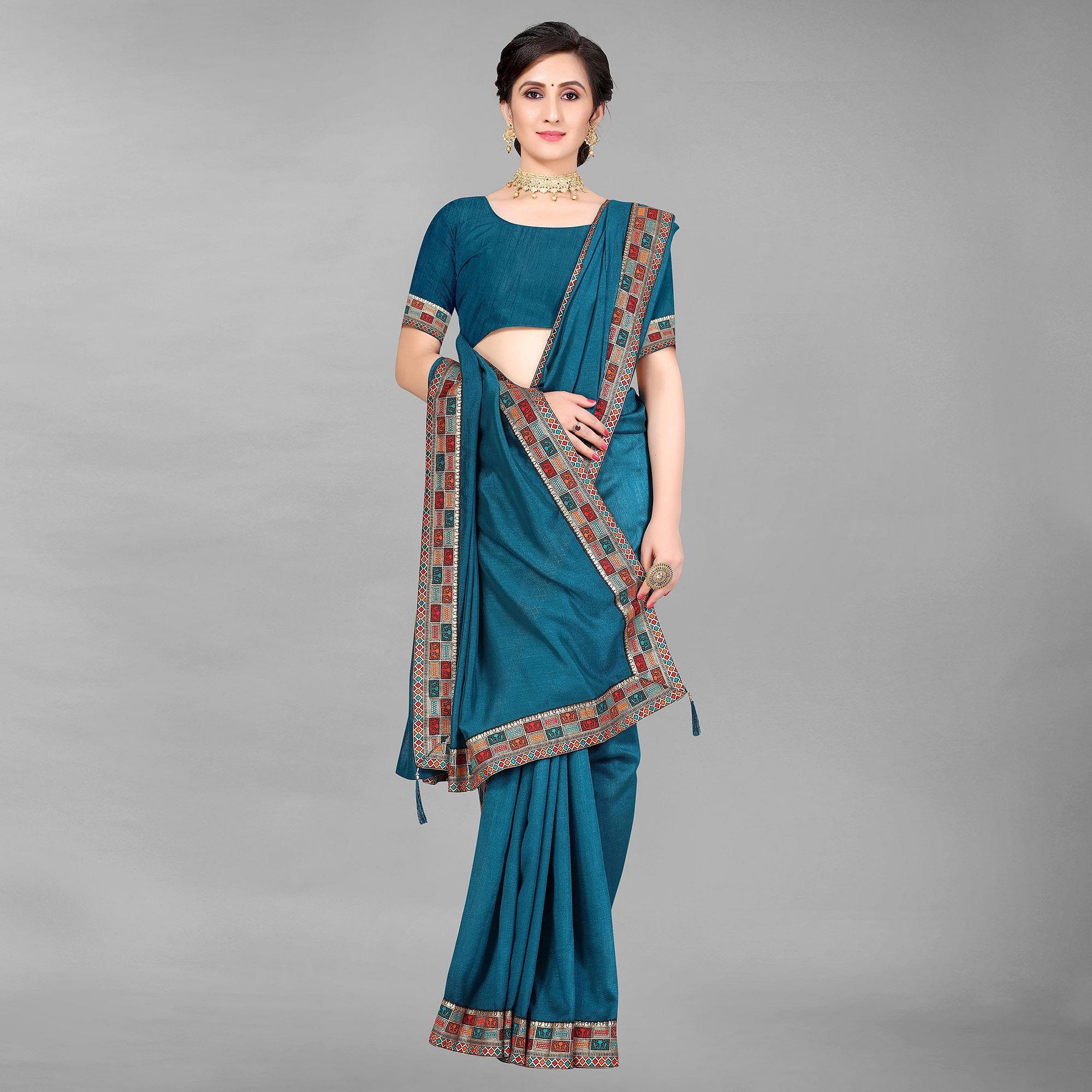 Teal Blue Casual Wear Solid Silk Saree - Peachmode