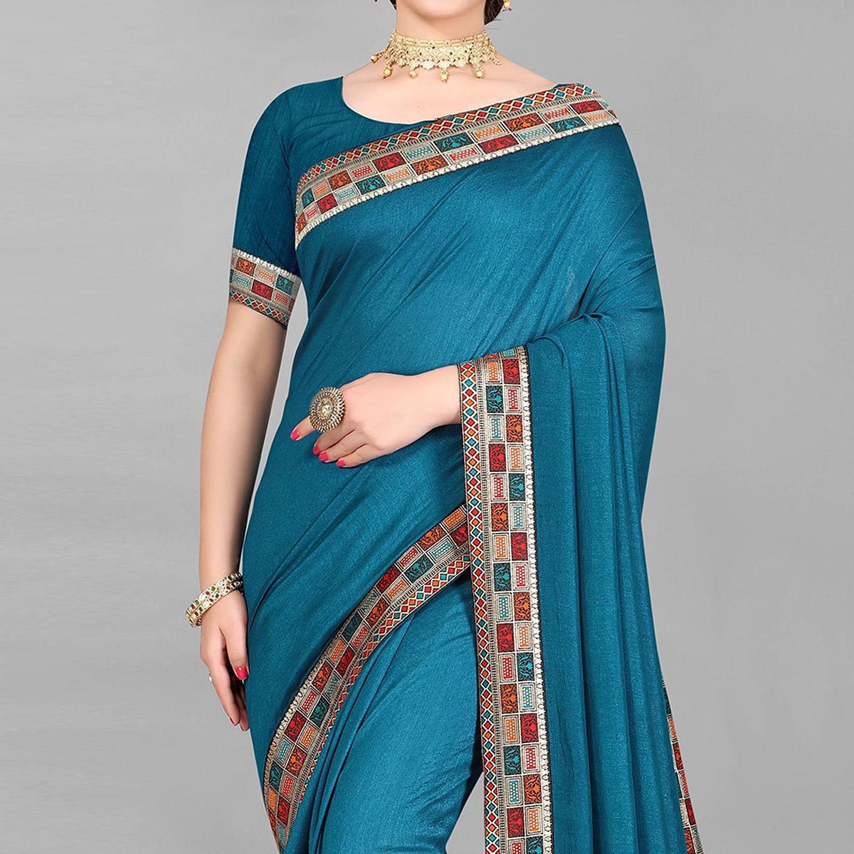 Teal Blue Casual Wear Solid Silk Saree - Peachmode