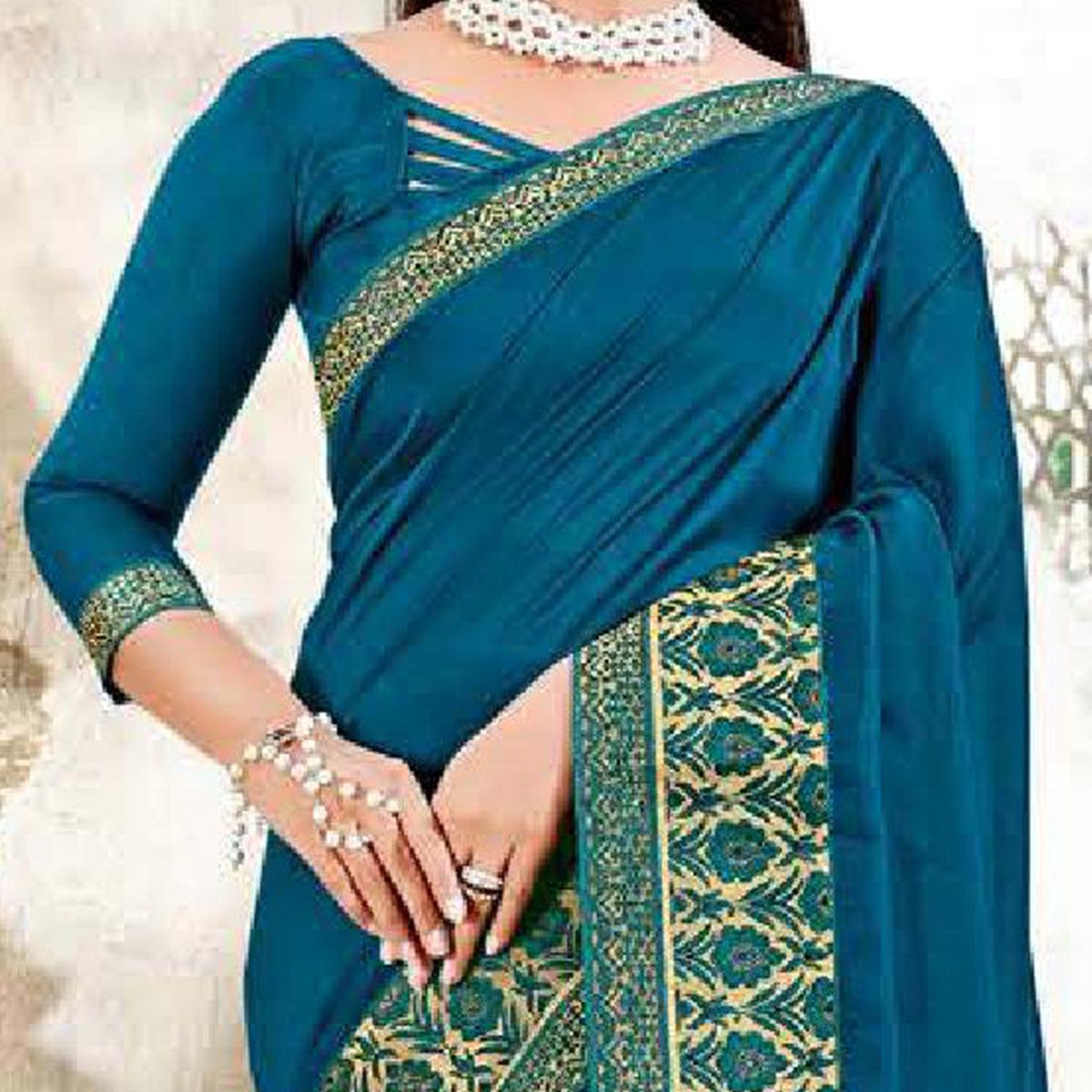 Teal Blue Casual Wear Solid Silk Saree With Fancy Border - Peachmode