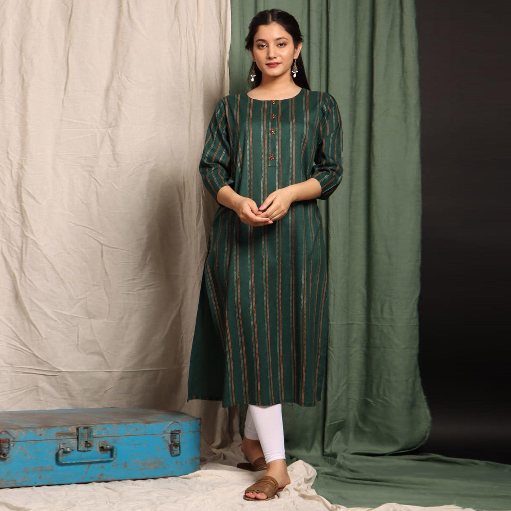 Teal Blue Casual Wear Stripes Printed Cotton Kurti - Peachmode