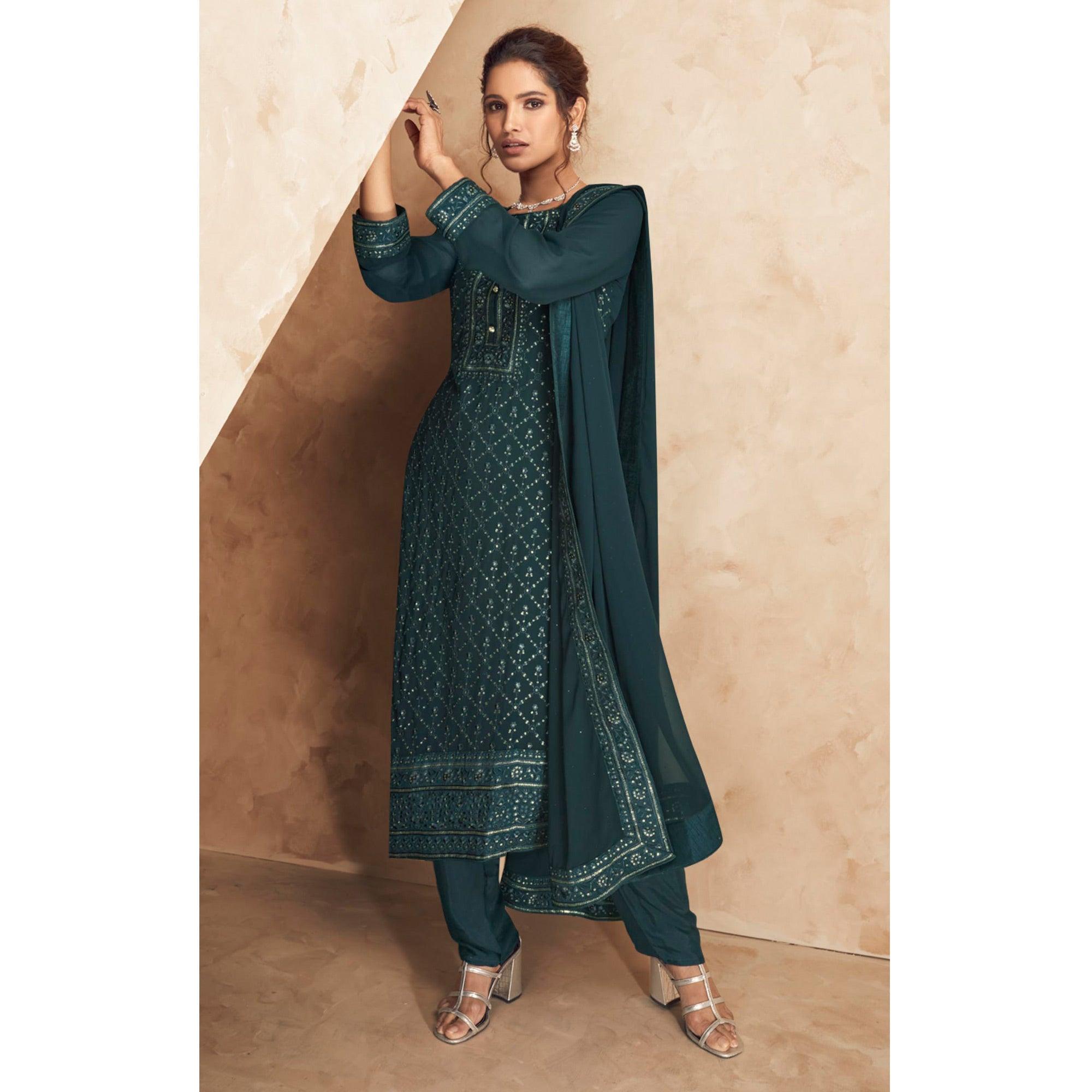 Teal Blue Embellished Partywear Embroidered Heavy Faux Georgette Suit - Peachmode