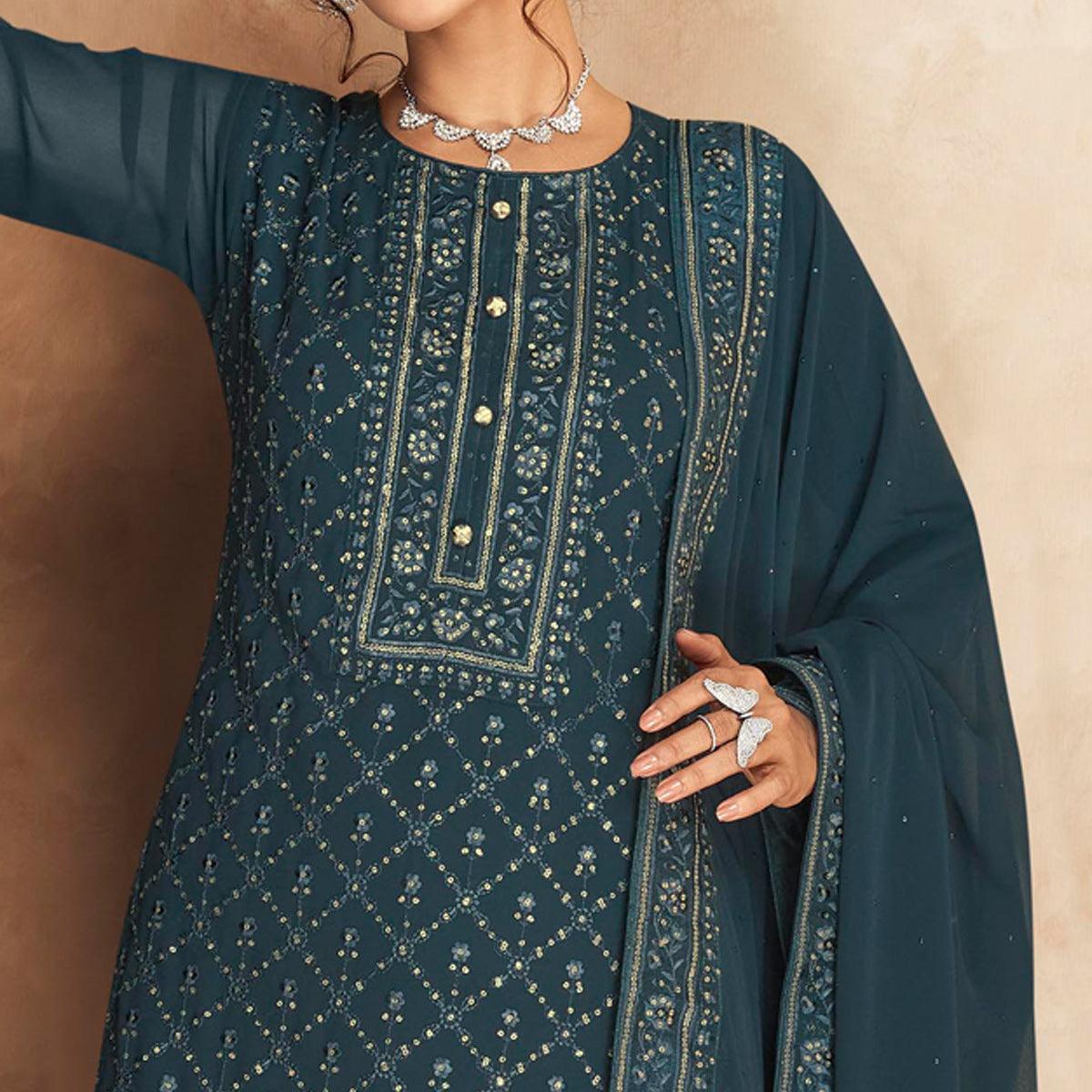 Teal Blue Embellished Partywear Embroidered Heavy Faux Georgette Suit - Peachmode