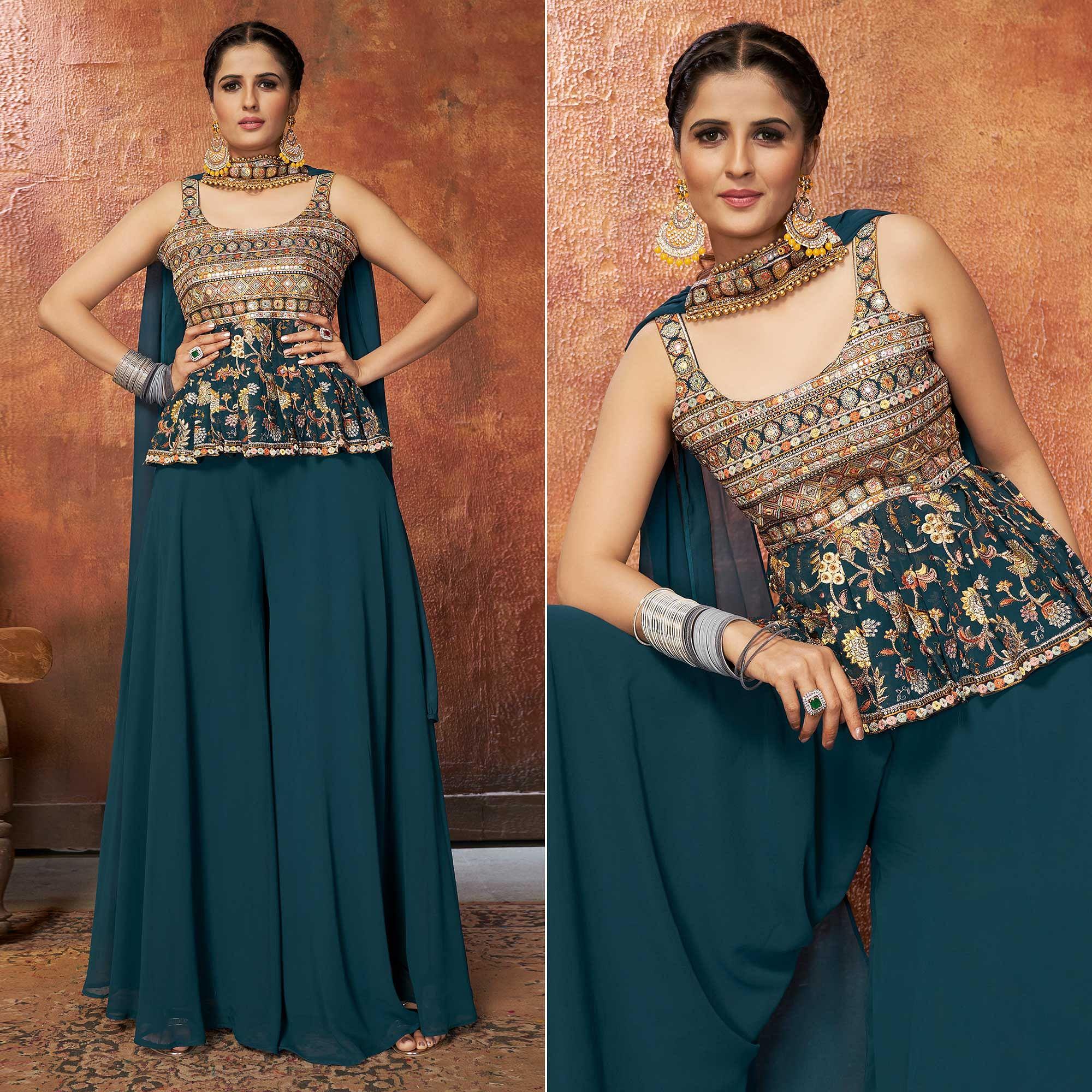 Teal Blue Embroiddered Georgette Sharara Suit - Peachmode