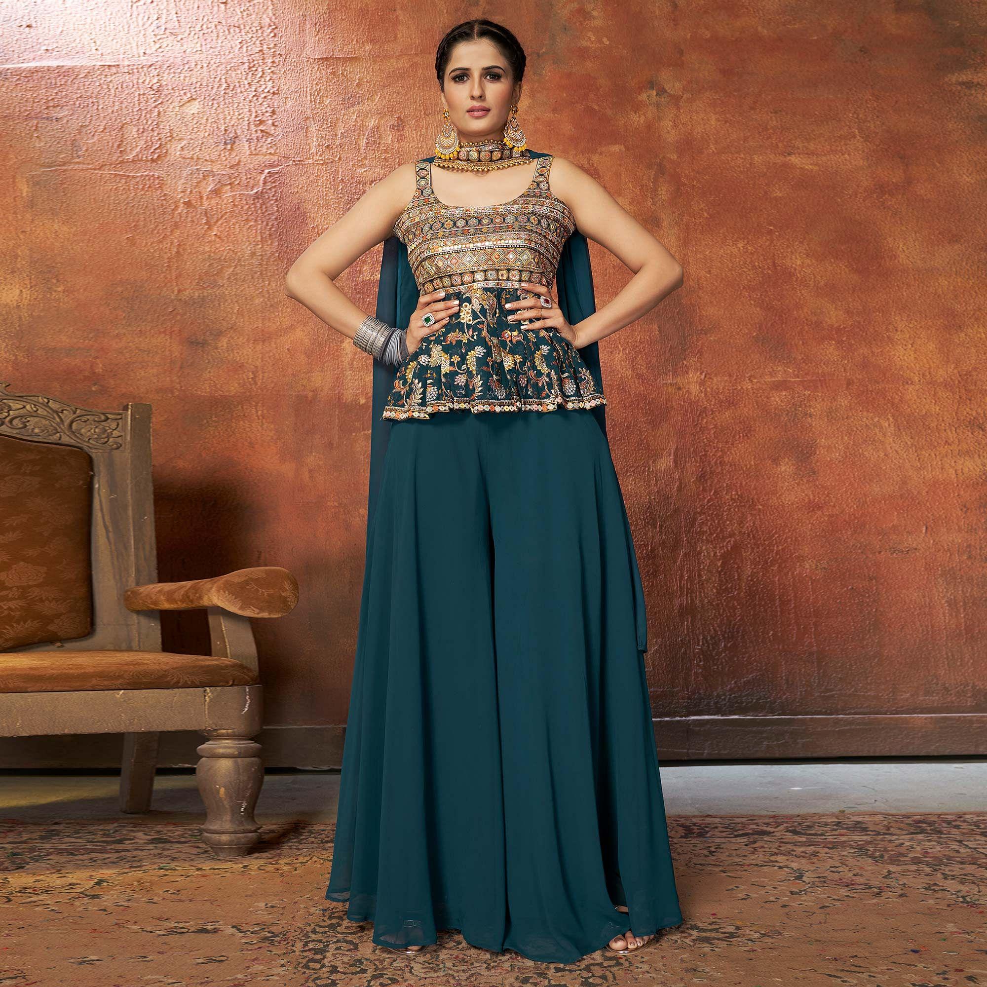 Teal Blue Embroiddered Georgette Sharara Suit - Peachmode