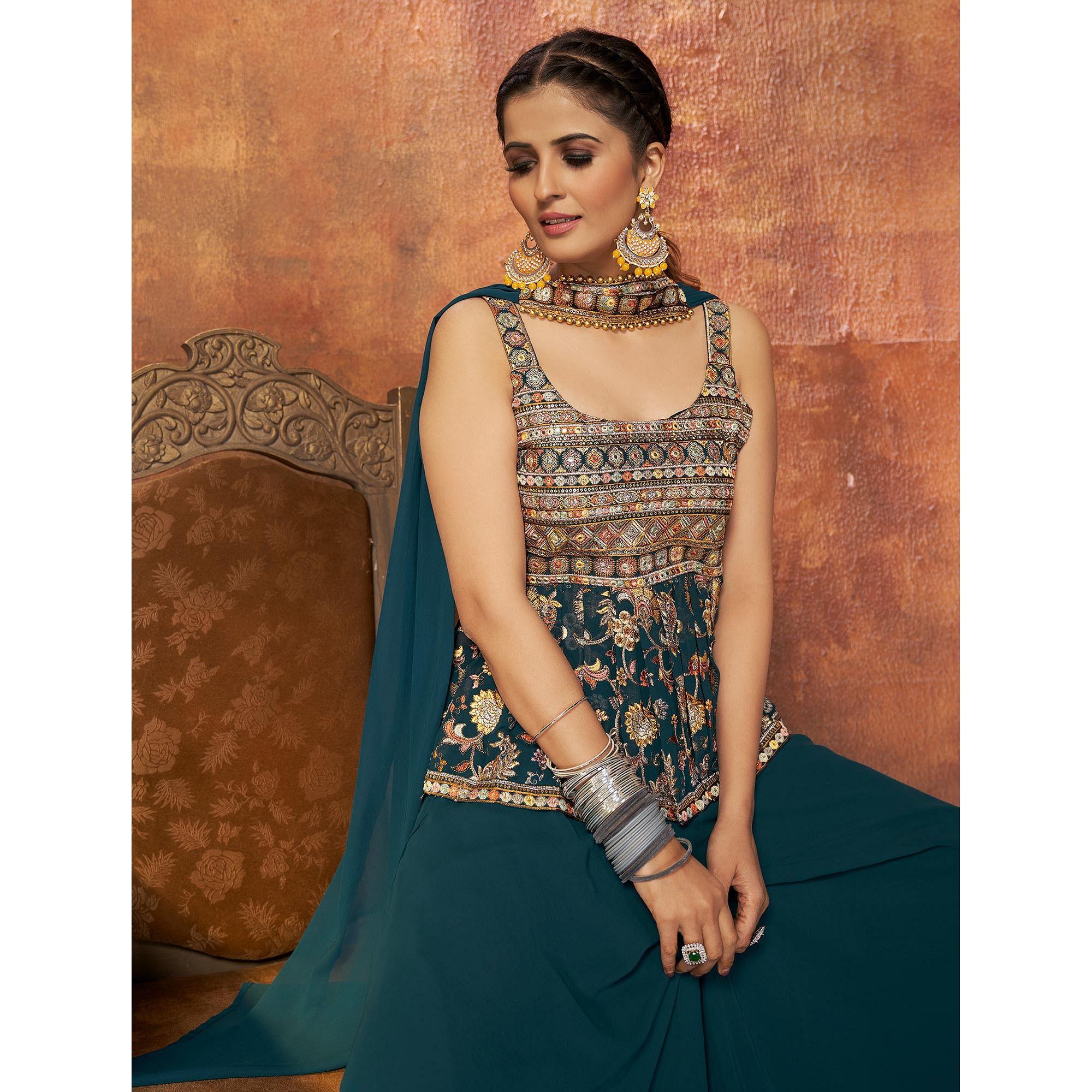 Teal Blue Embroiddered Georgette Sharara Suit - Peachmode