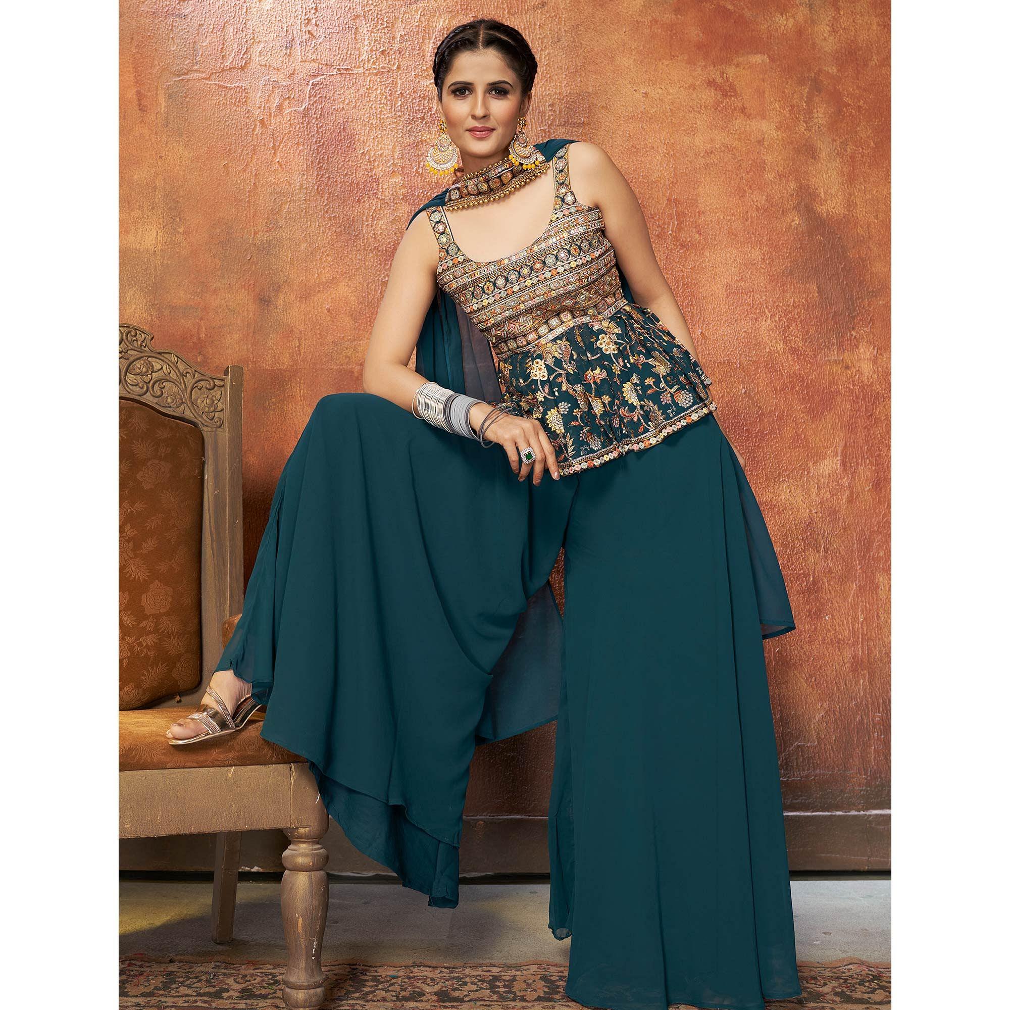 Teal Blue Embroiddered Georgette Sharara Suit - Peachmode