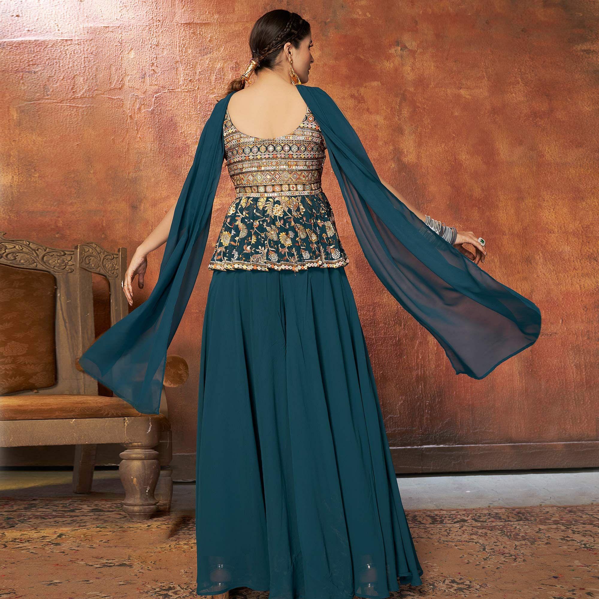 Teal Blue Embroiddered Georgette Sharara Suit - Peachmode