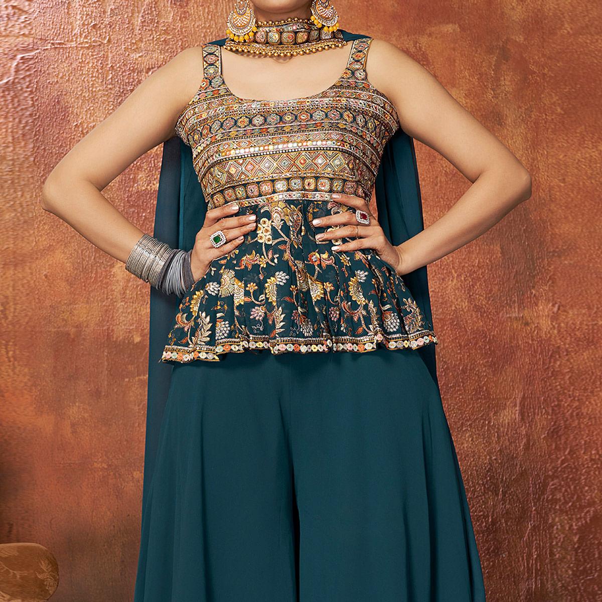 Teal Blue Embroiddered Georgette Sharara Suit - Peachmode