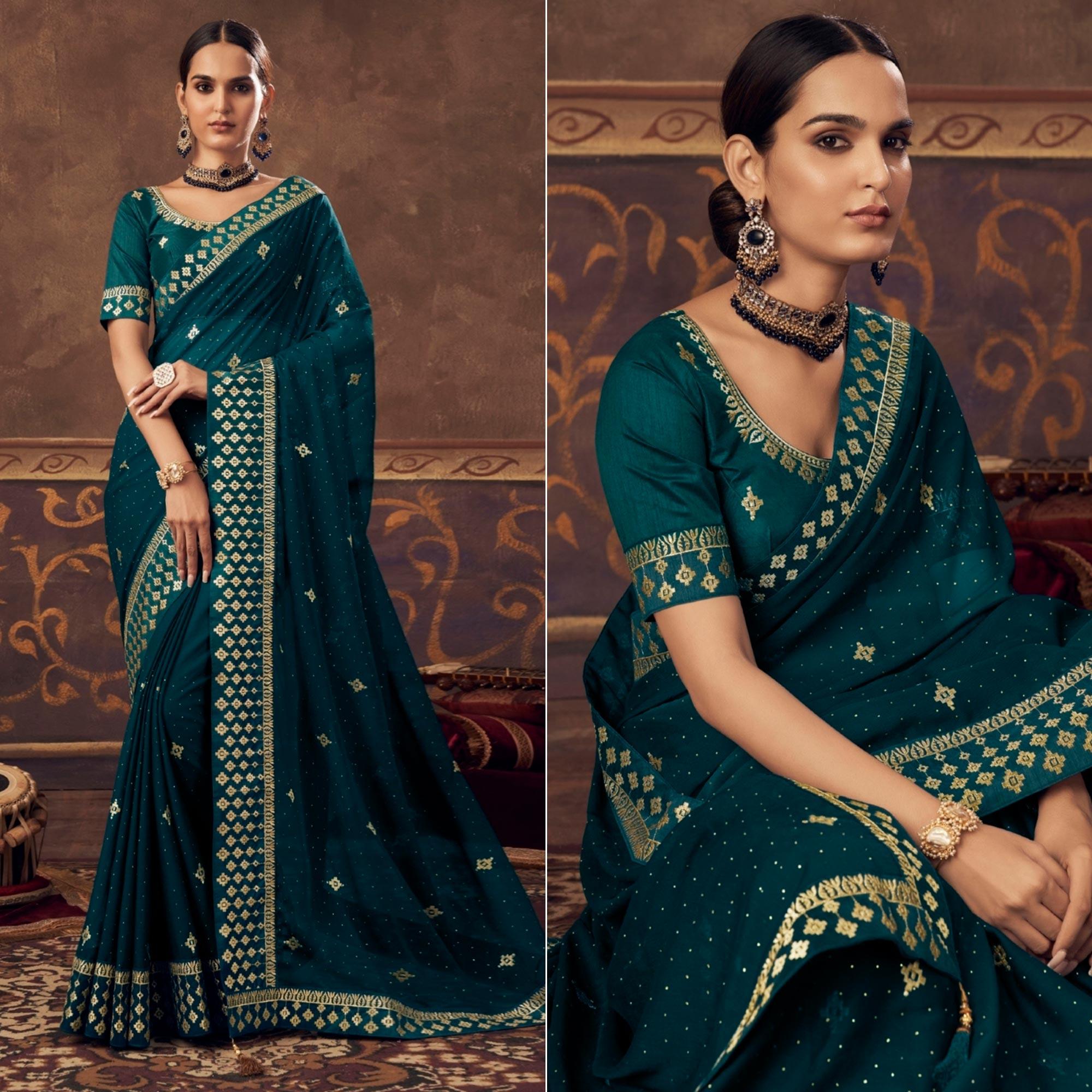 Teal Blue Embroidered Chiffon Saree - Peachmode