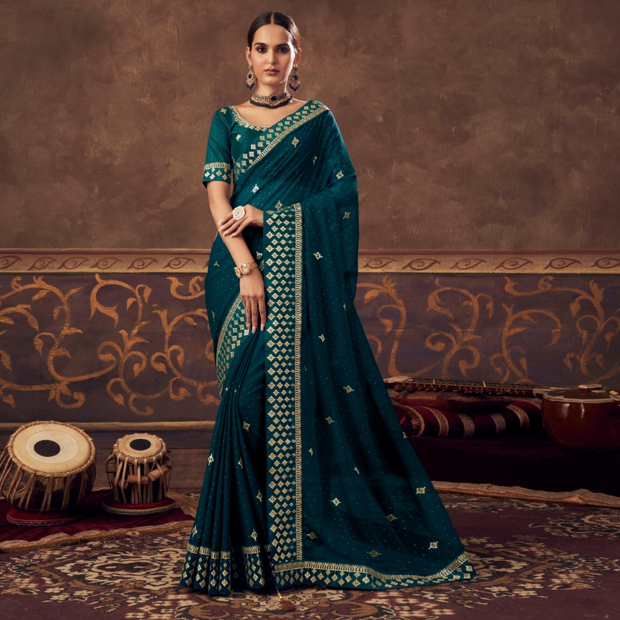 Teal Blue Embroidered Chiffon Saree - Peachmode
