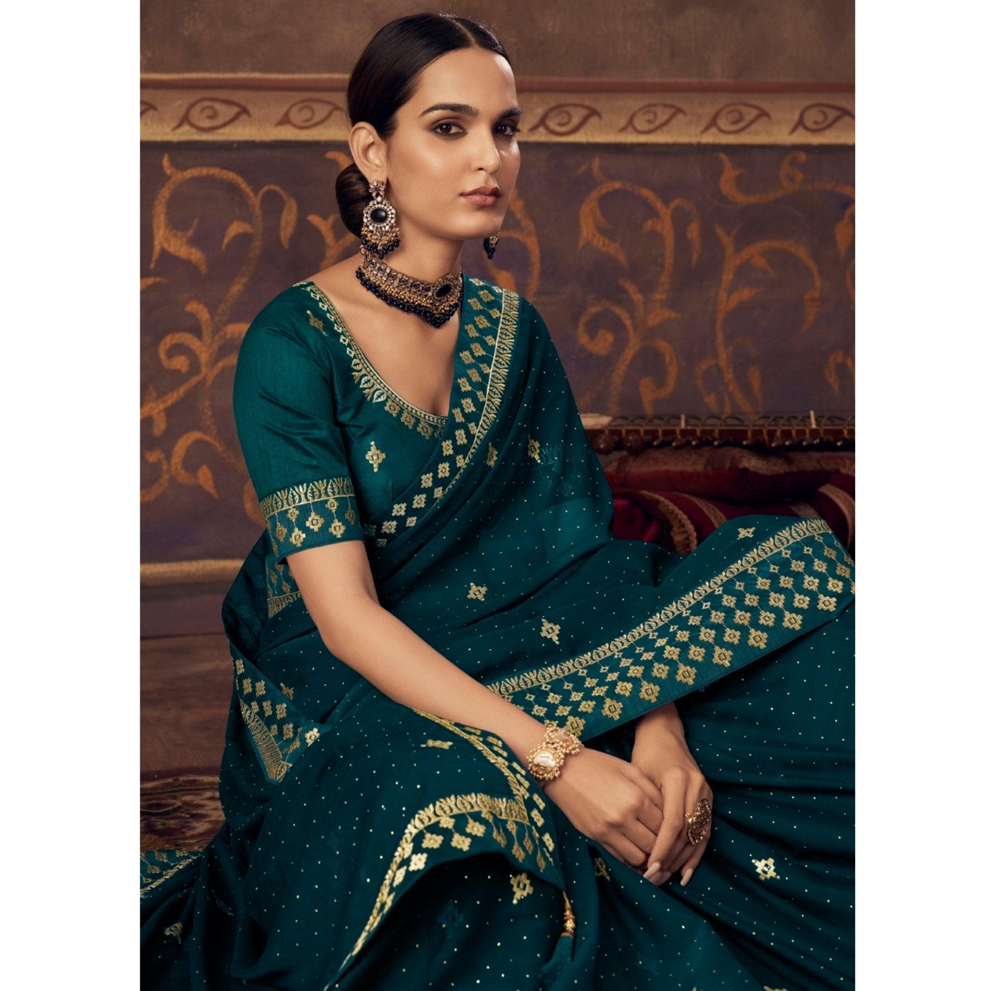 Teal Blue Embroidered Chiffon Saree - Peachmode