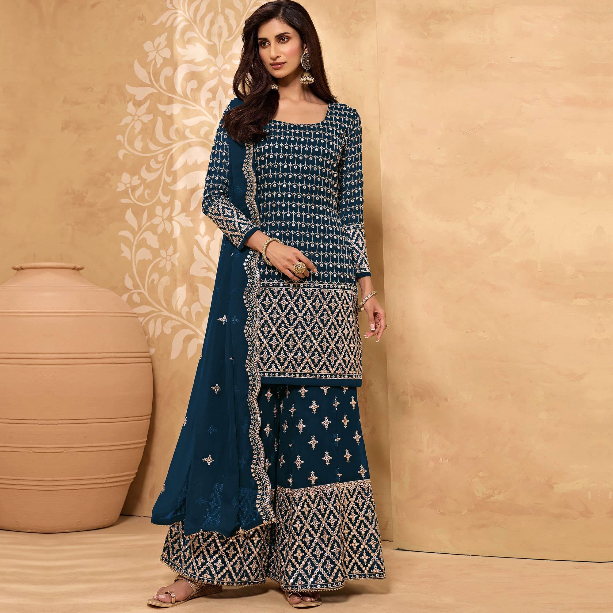 Teal Blue Embroidered-Embellished Georgette Sharara Suit - Peachmode