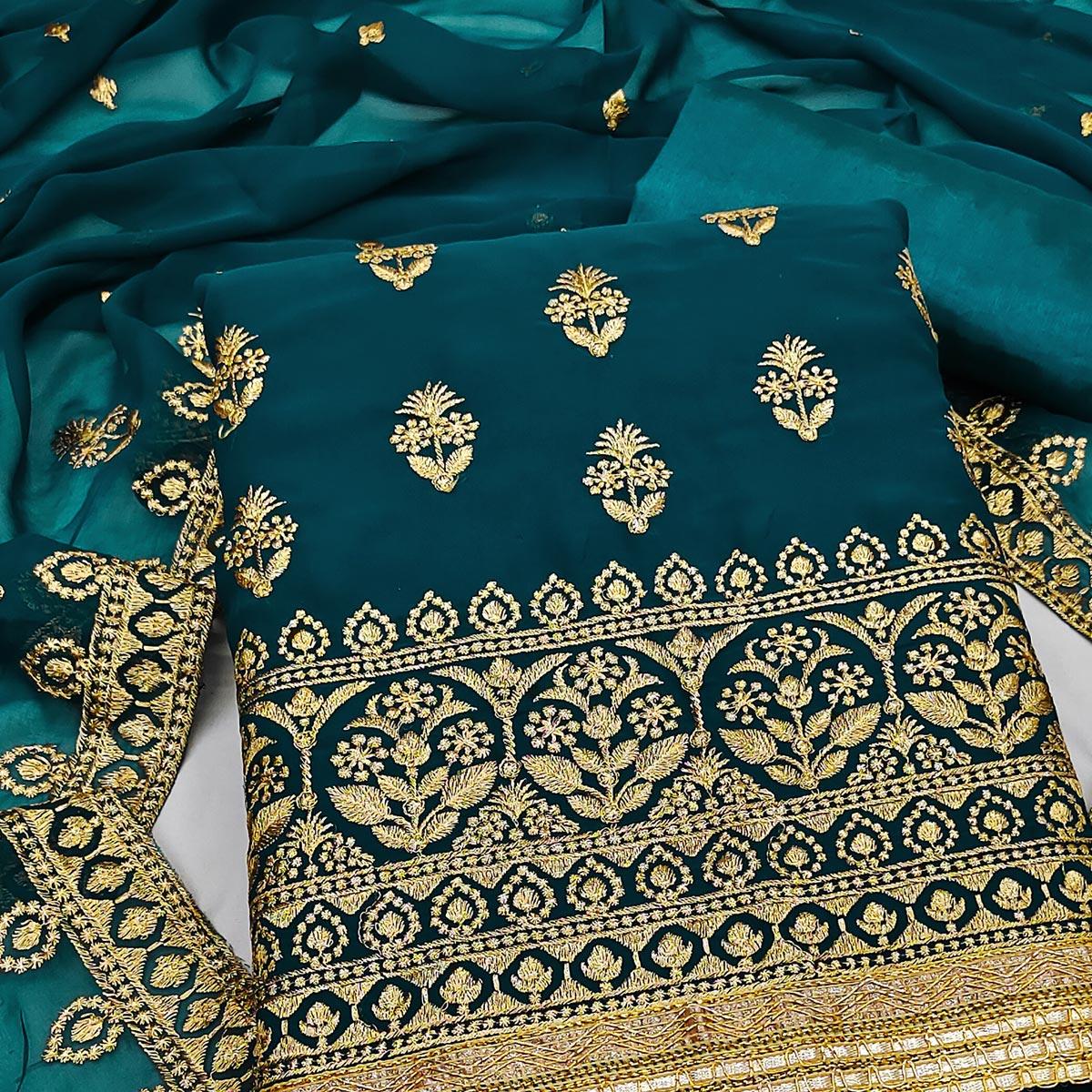 Teal Blue Embroidered Georgette Dress Material - Peachmode