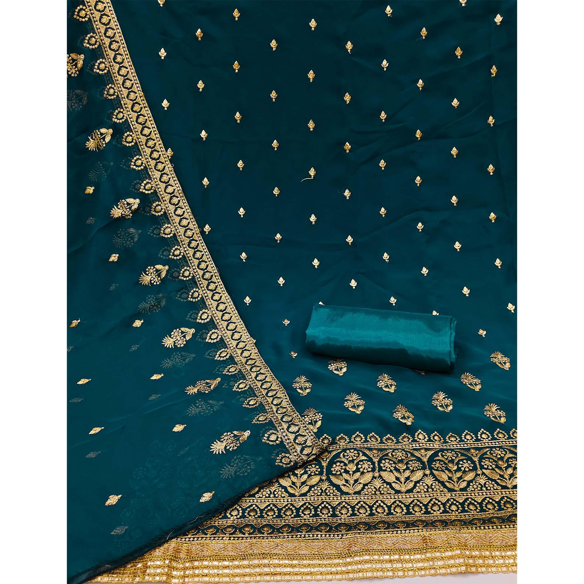 Teal Blue Embroidered Georgette Dress Material - Peachmode
