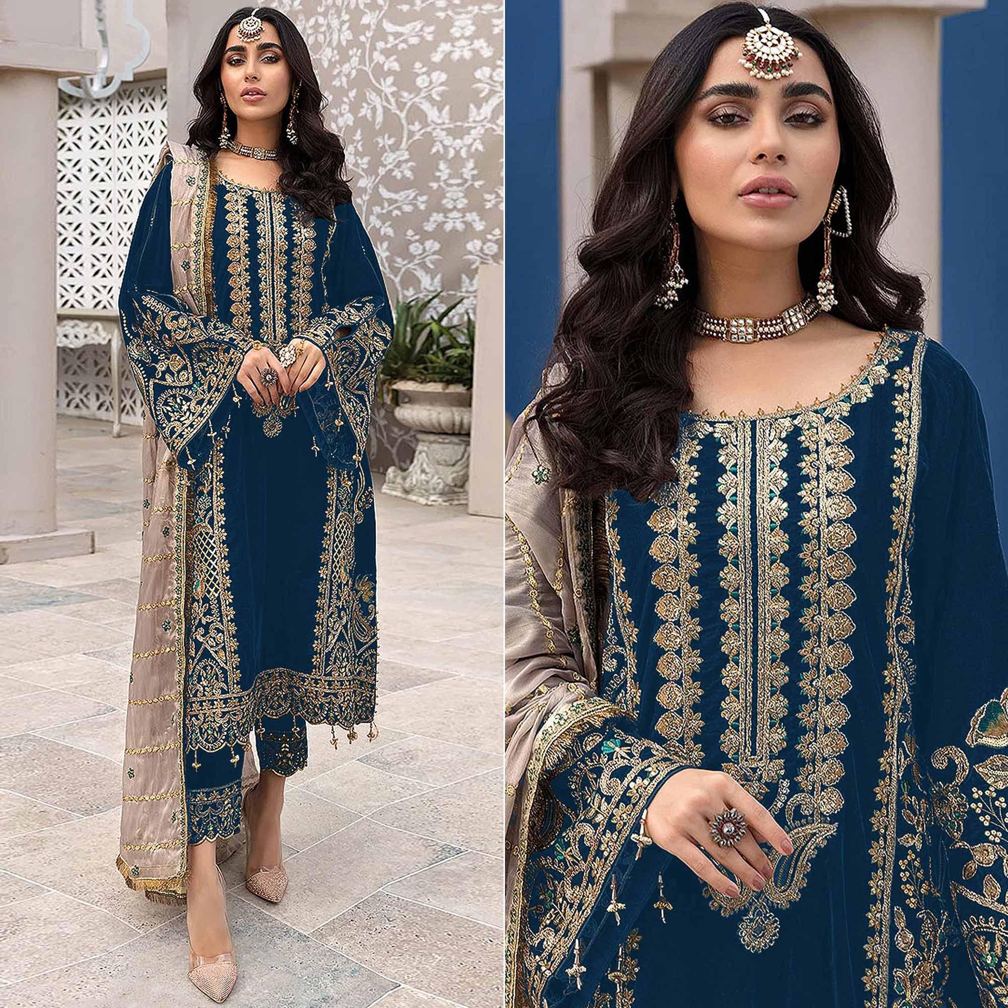 Teal Blue Embroidered Georgette Pakistani Suit - Peachmode