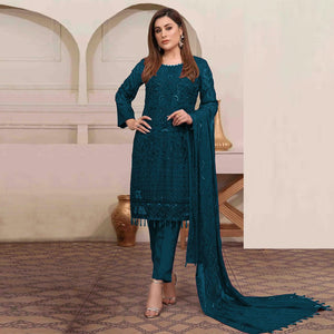 Teal Blue Embroidered Georgette Pakistani Suit - Peachmode