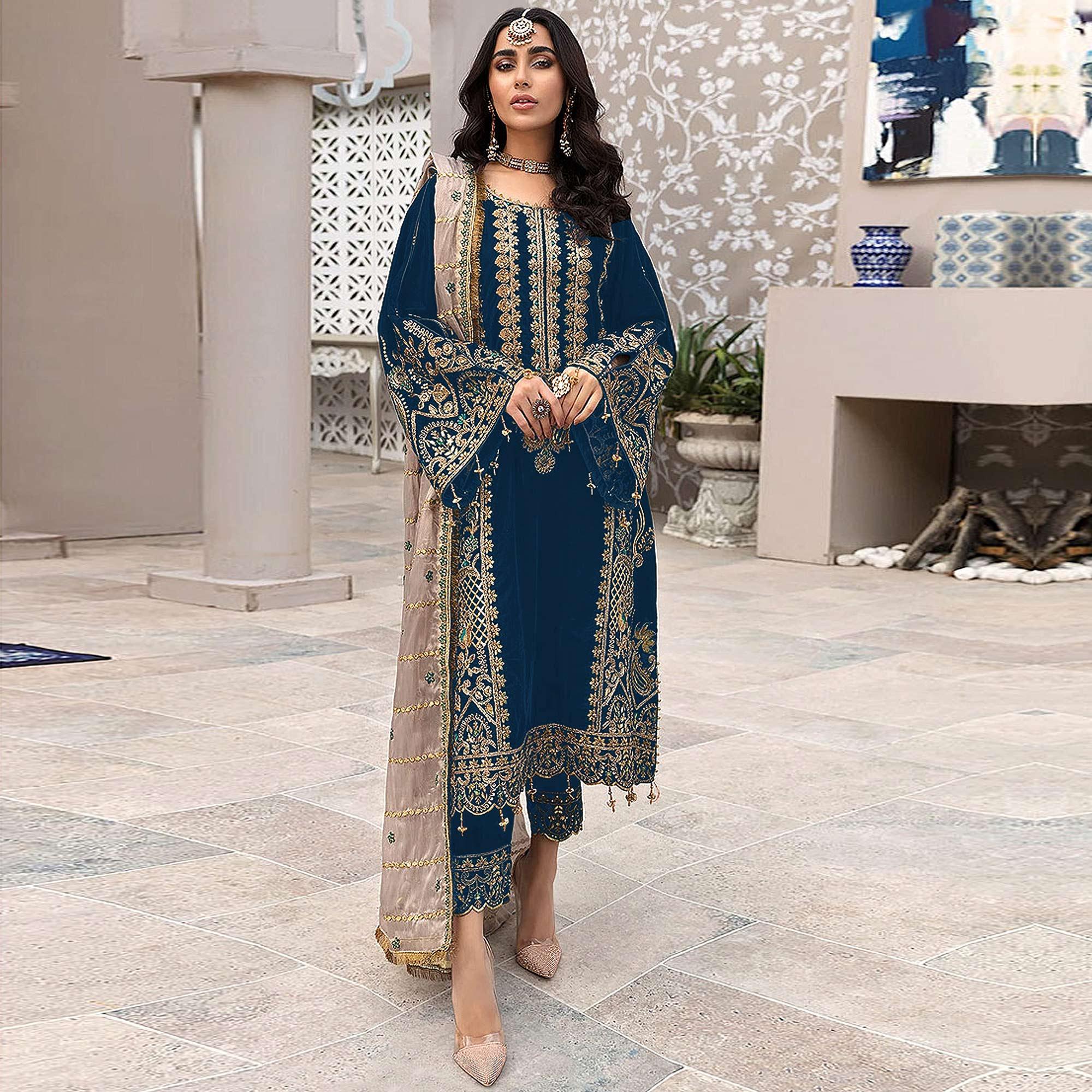 Teal Blue Embroidered Georgette Pakistani Suit - Peachmode