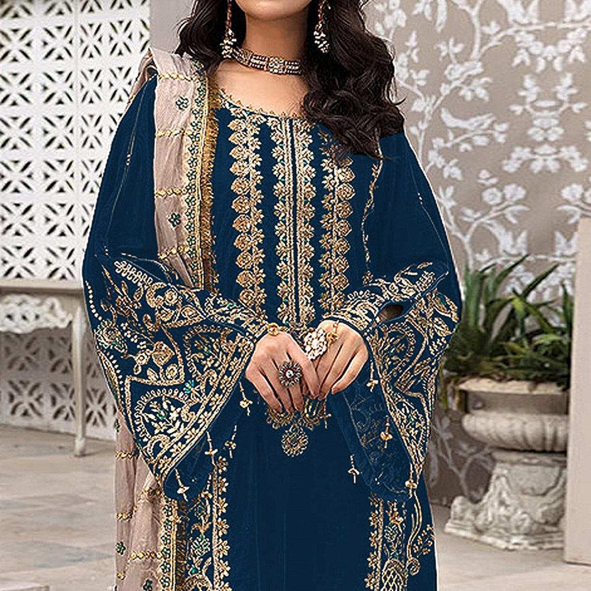 Teal Blue Embroidered Georgette Pakistani Suit - Peachmode