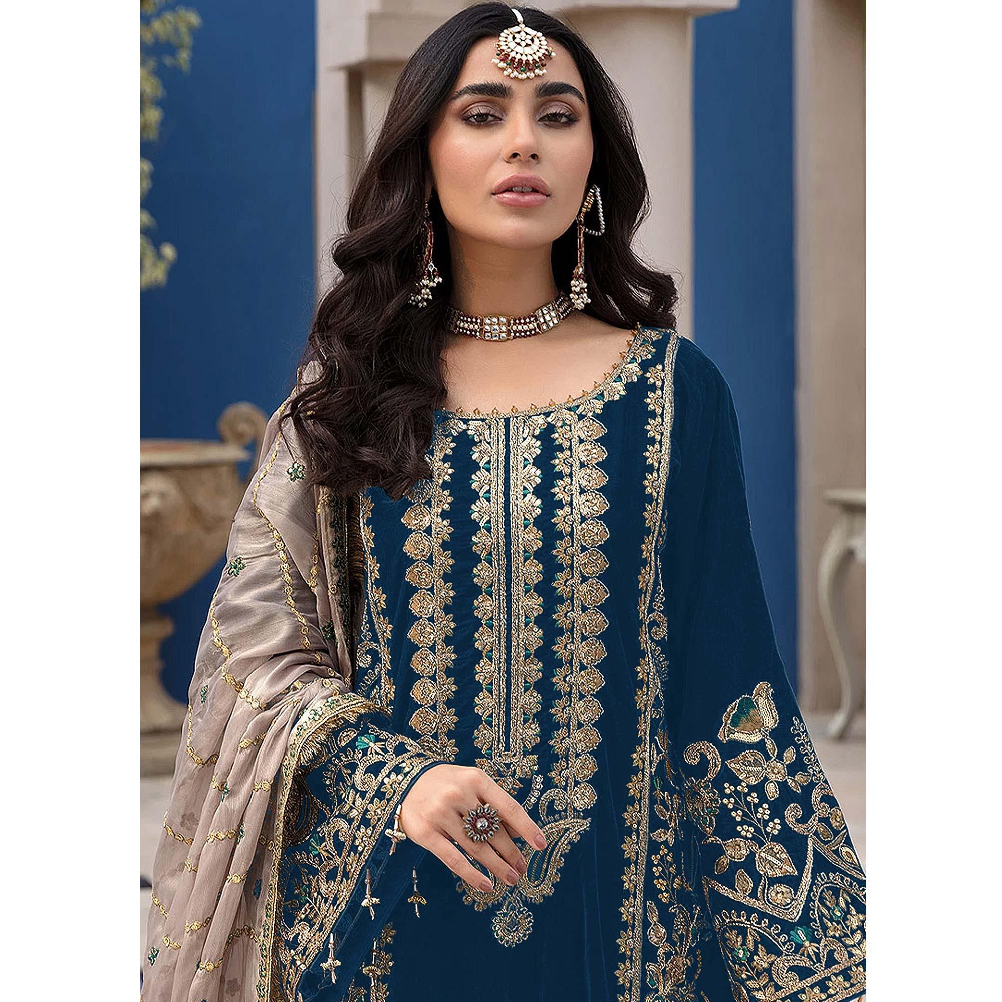 Teal Blue Embroidered Georgette Pakistani Suit - Peachmode