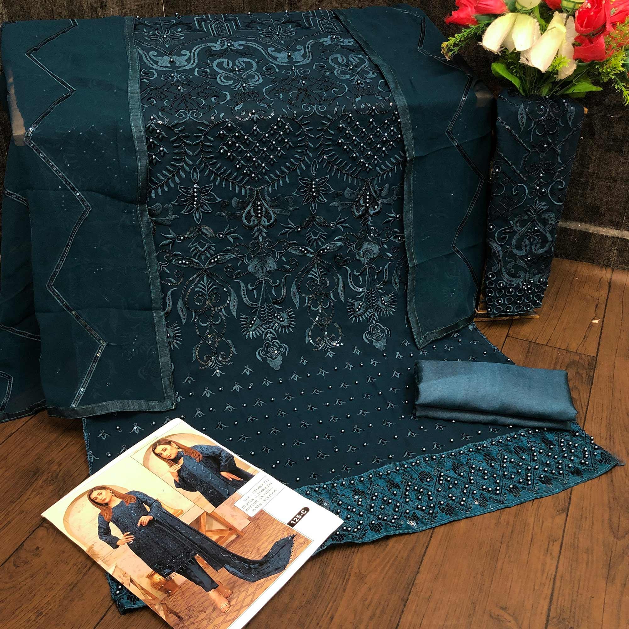 Teal Blue Embroidered Georgette Pakistani Suit - Peachmode