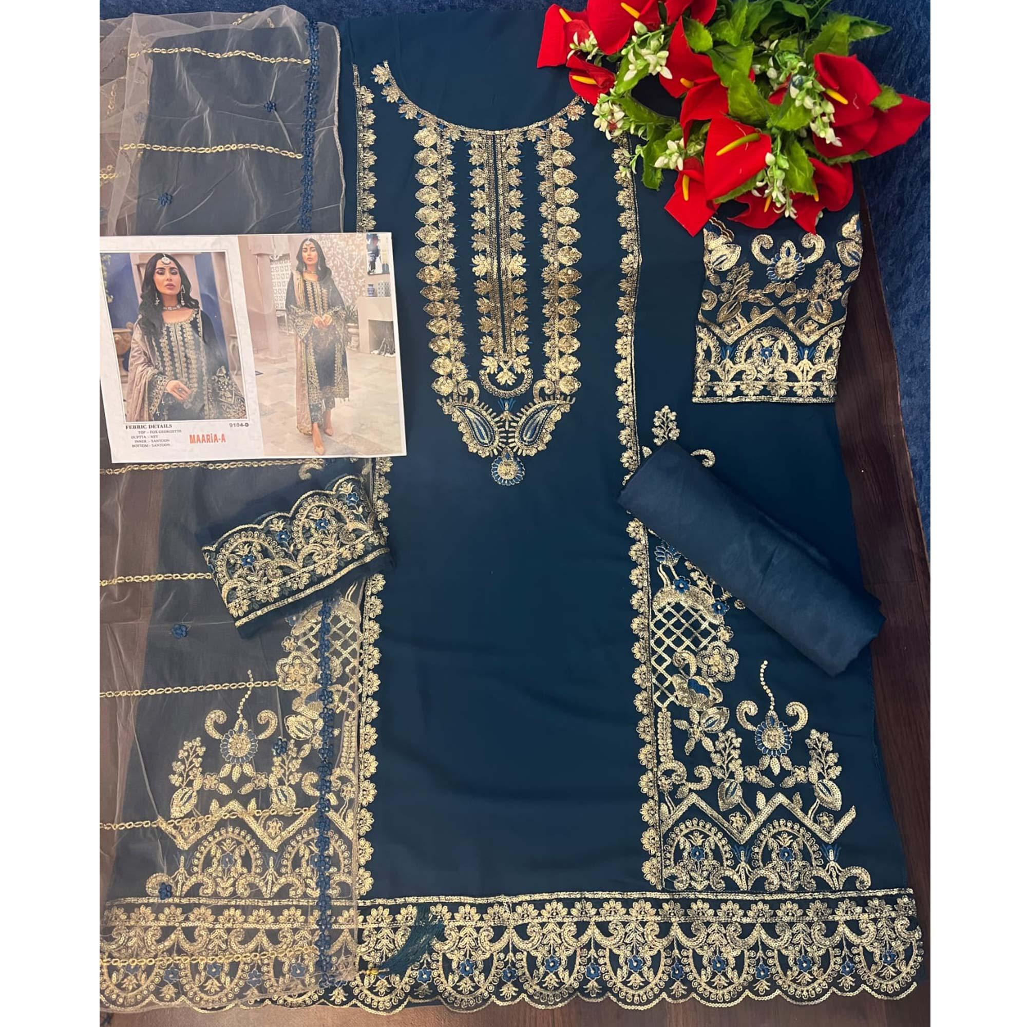 Teal Blue Embroidered Georgette Pakistani Suit - Peachmode