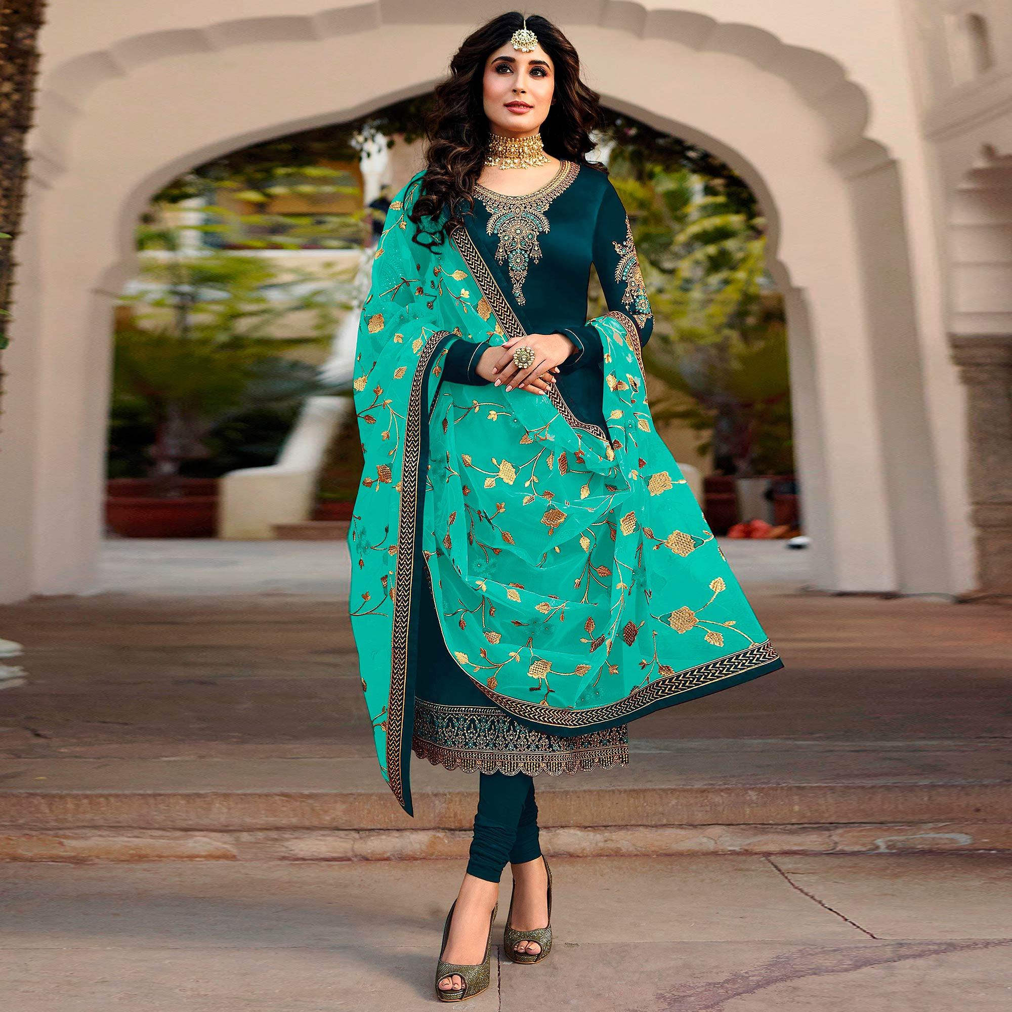 Teal Blue Embroidered Georgette Partywear Suit - Peachmode