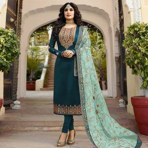 Teal Blue Embroidered Georgette Partywear Suit - Peachmode