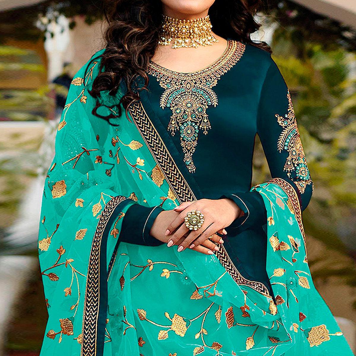 Teal Blue Embroidered Georgette Partywear Suit - Peachmode